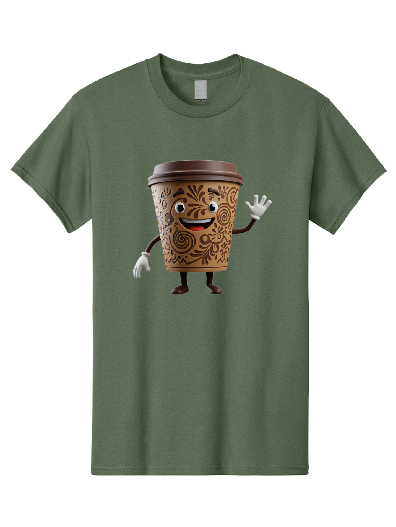 Coffee-Cup-3 Men'S Graphic Tee, 100% Cotton, Comfortable Casual Summer Wear, Machine Washable, Cartoon Coffee Cup, Anthropomorphic Design, Waving Gesture, Floral Patterns, Friendly Face, Coffee Culture, Morning Pick-Me-Up, Coffee Lover, Baa353