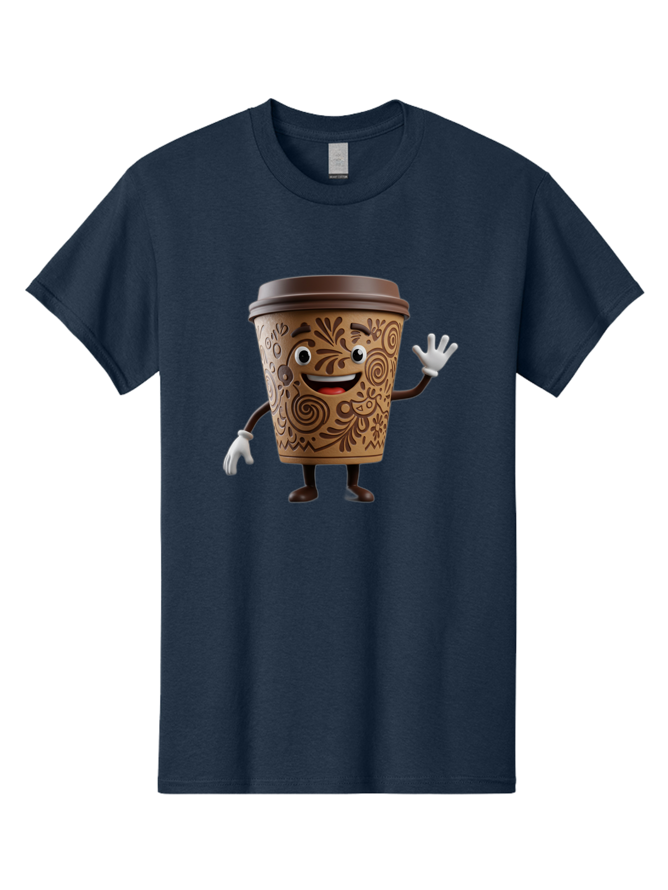 Coffee-Cup-3 Men'S Graphic Tee, 100% Cotton, Comfortable Casual Summer Wear, Machine Washable, Cartoon Coffee Cup, Anthropomorphic Design, Waving Gesture, Floral Patterns, Friendly Face, Coffee Culture, Morning Pick-Me-Up, Coffee Lover, Baa353
