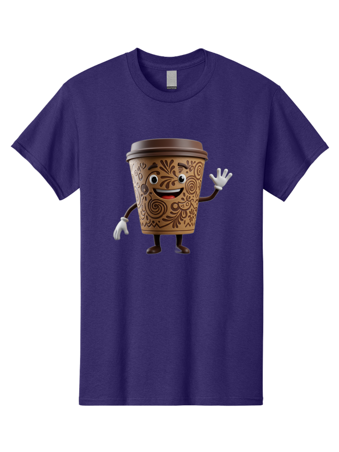 Coffee-Cup-3 Men'S Graphic Tee, 100% Cotton, Comfortable Casual Summer Wear, Machine Washable, Cartoon Coffee Cup, Anthropomorphic Design, Waving Gesture, Floral Patterns, Friendly Face, Coffee Culture, Morning Pick-Me-Up, Coffee Lover, Baa353