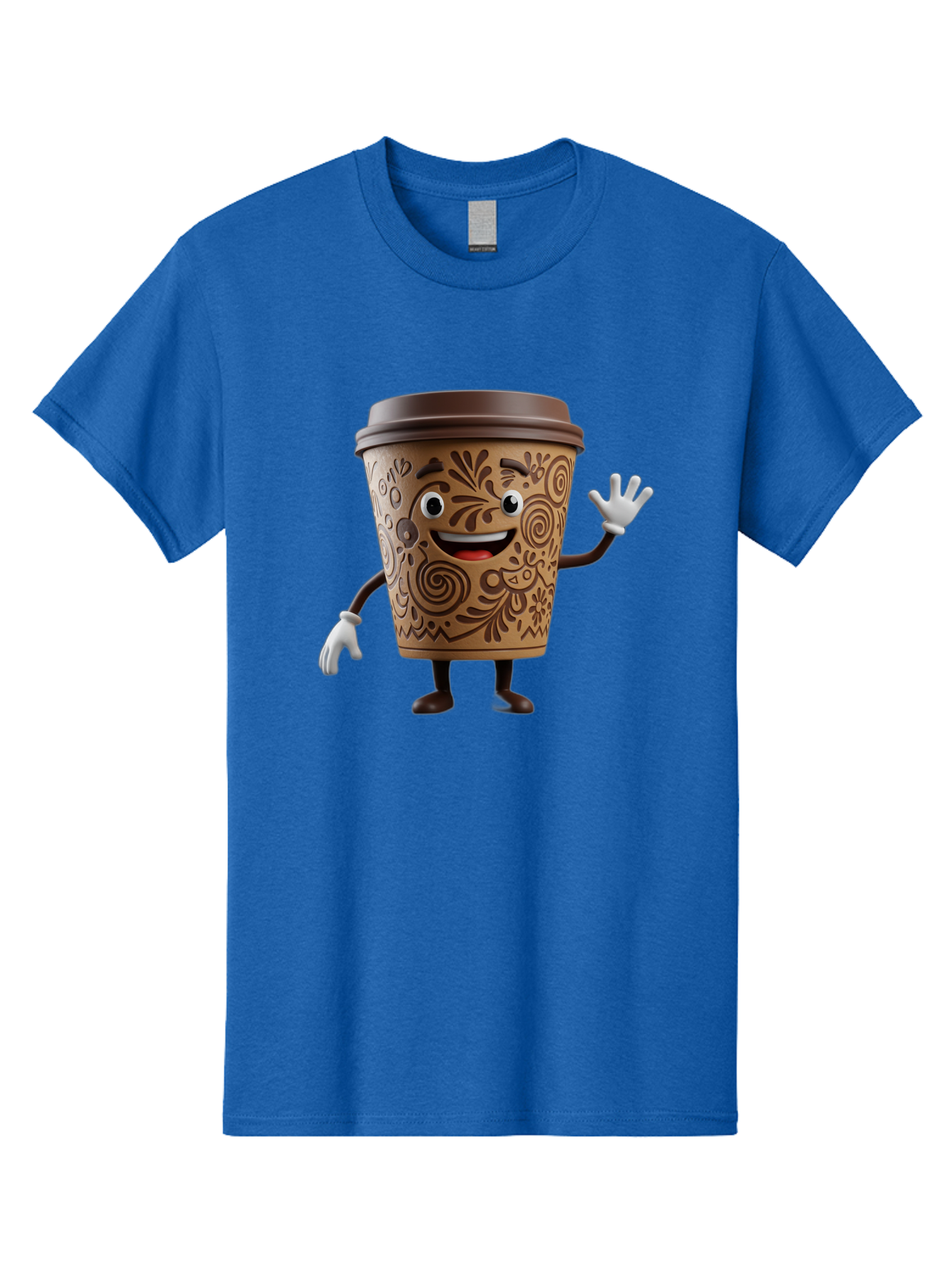 Coffee-Cup-3 Men'S Graphic Tee, 100% Cotton, Comfortable Casual Summer Wear, Machine Washable, Cartoon Coffee Cup, Anthropomorphic Design, Waving Gesture, Floral Patterns, Friendly Face, Coffee Culture, Morning Pick-Me-Up, Coffee Lover, Baa353