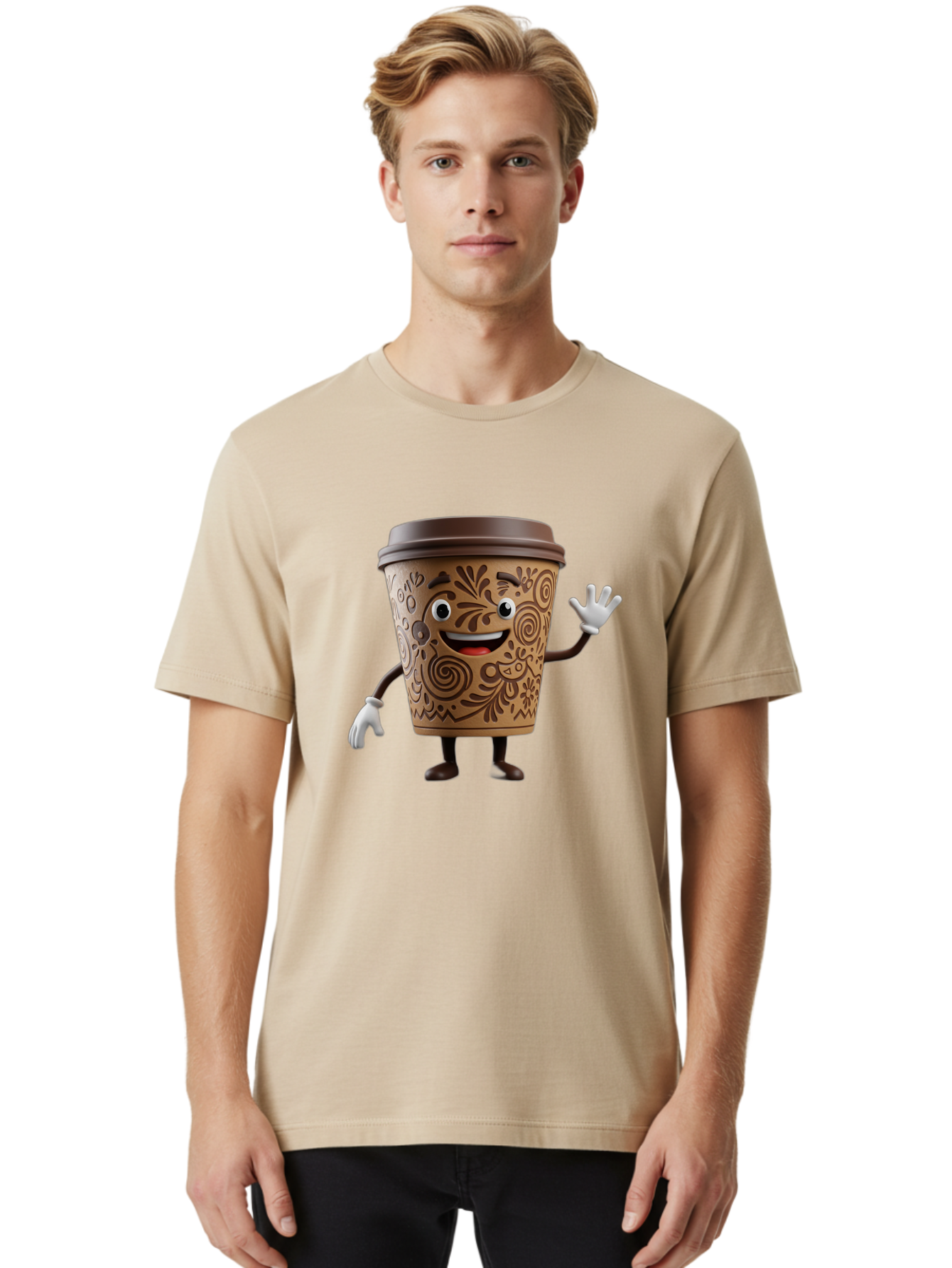 Coffee-Cup-3 Men'S Graphic Tee, 100% Cotton, Comfortable Casual Summer Wear, Machine Washable, Cartoon Coffee Cup, Anthropomorphic Design, Waving Gesture, Floral Patterns, Friendly Face, Coffee Culture, Morning Pick-Me-Up, Coffee Lover, Baa353