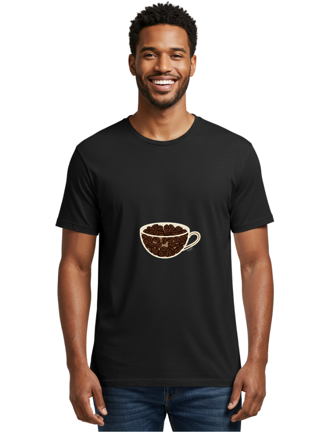 Coffee-Cup-4 Men'S Graphic Tee, 100% Cotton, Comfortable Casual Summer Wear, Machine Washable, Coffee Beans In A Cup, Coffee Cup, Coffee Beans, Brown Coffee Beans, White Porcelain Cup, Simple Design, Minimalistic Art, Coffee Illustration, Baa354