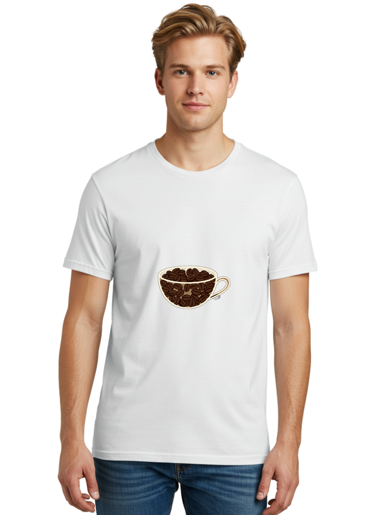 Coffee-Cup-4 Men'S Graphic Tee, 100% Cotton, Comfortable Casual Summer Wear, Machine Washable, Coffee Beans In A Cup, Coffee Cup, Coffee Beans, Brown Coffee Beans, White Porcelain Cup, Simple Design, Minimalistic Art, Coffee Illustration, Baa354