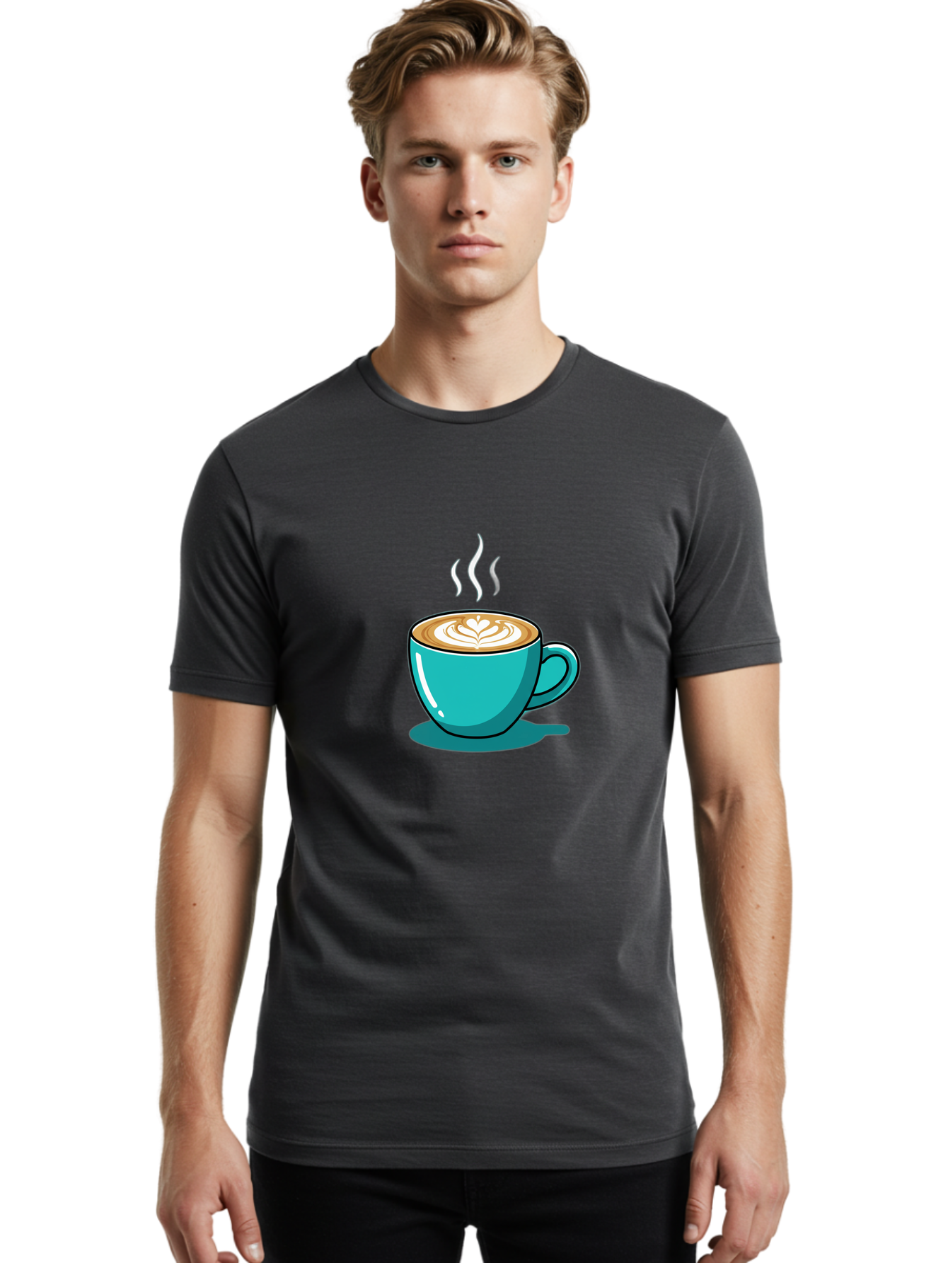 Coffee-Cup-9 Men'S Graphic Tee, 100% Cotton, Comfortable Casual Summer Wear, Machine Washable, Steaming Hot Coffee, Latte Art, Coffee Break, Morning Pick-Me-Up, Coffee Culture, Caffeine Fix, Teal Coffee Cup Baa359