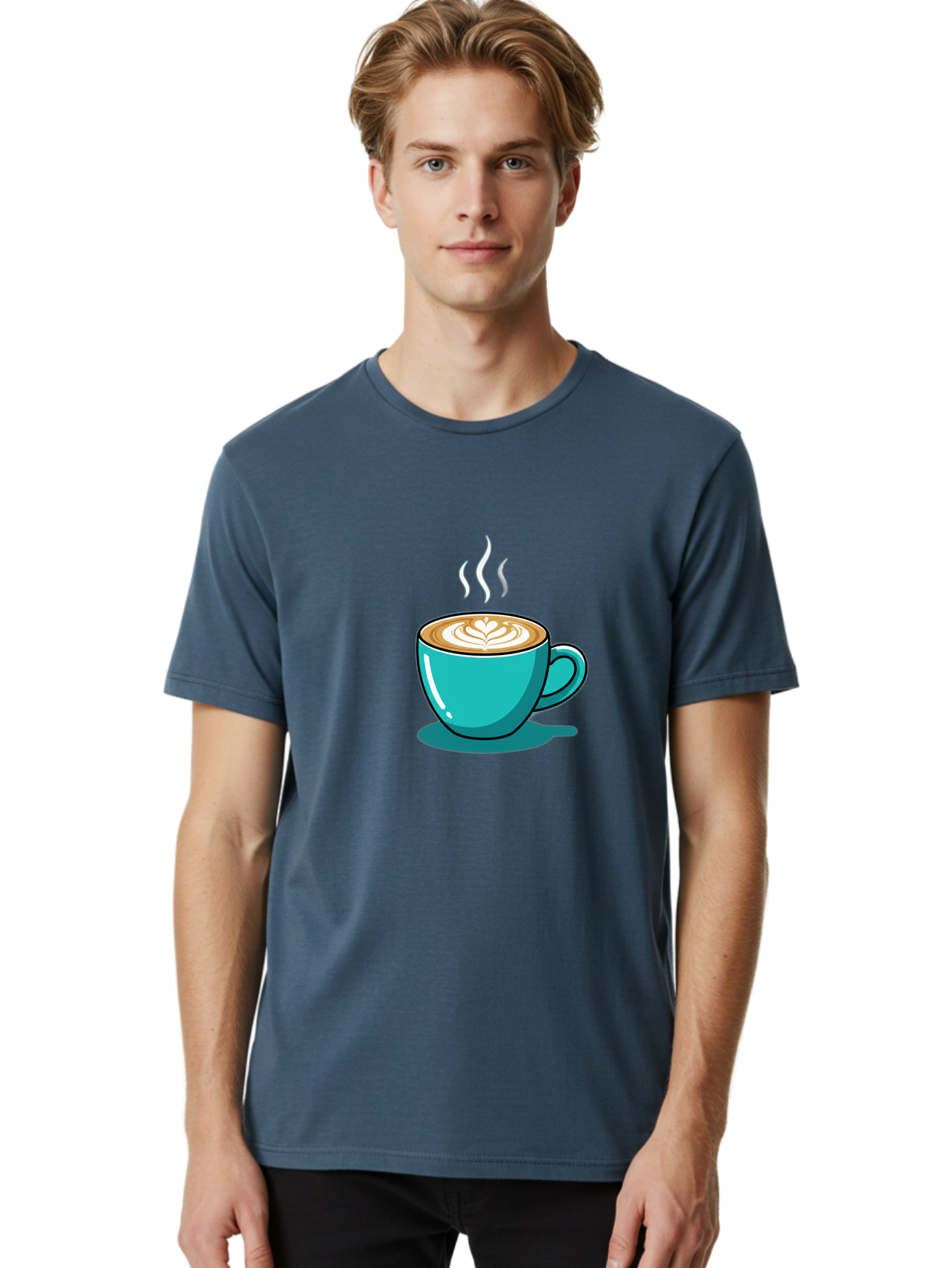 Coffee-Cup-9 Men'S Graphic Tee, 100% Cotton, Comfortable Casual Summer Wear, Machine Washable, Steaming Hot Coffee, Latte Art, Coffee Break, Morning Pick-Me-Up, Coffee Culture, Caffeine Fix, Teal Coffee Cup Baa359