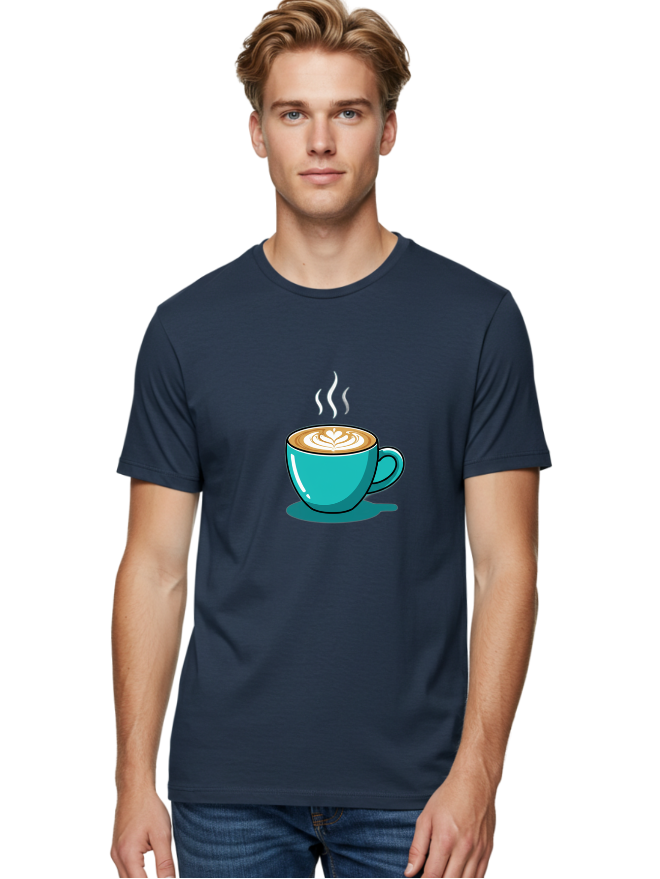 Coffee-Cup-9 Men'S Graphic Tee, 100% Cotton, Comfortable Casual Summer Wear, Machine Washable, Steaming Hot Coffee, Latte Art, Coffee Break, Morning Pick-Me-Up, Coffee Culture, Caffeine Fix, Teal Coffee Cup Baa359