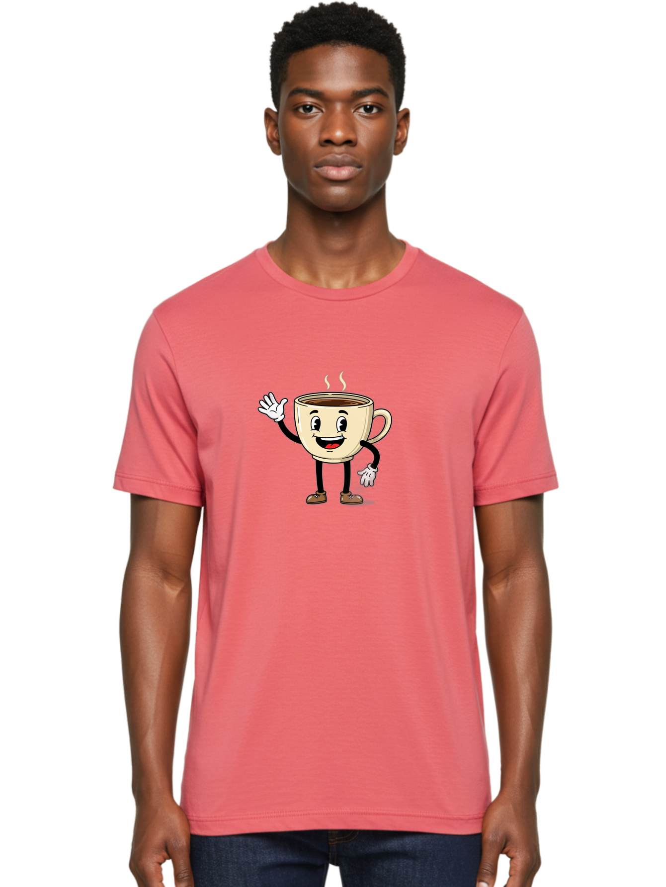 Coffee-Cup-Character-1 Men'S Graphic Tee, 100% Cotton, Comfortable Casual Summer Wear, Machine Washable, Smiling Coffee Cup, Cartoon Character, Steaming Hot Coffee, Waving Hand, Happy Face, Coffee Lover, Morning Pick-Me-Up, Caffeine Boost Baa360