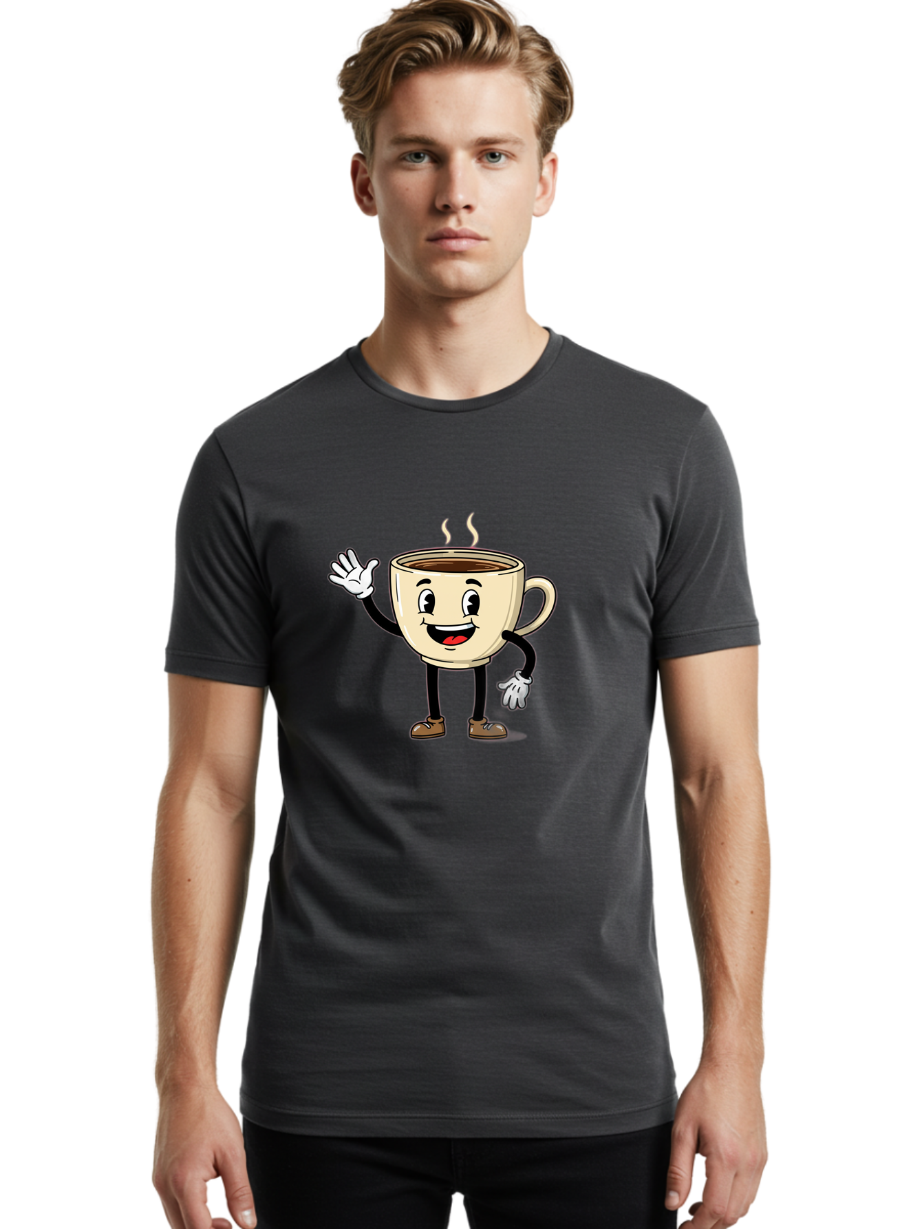 Coffee-Cup-Character-1 Men'S Graphic Tee, 100% Cotton, Comfortable Casual Summer Wear, Machine Washable, Smiling Coffee Cup, Cartoon Character, Steaming Hot Coffee, Waving Hand, Happy Face, Coffee Lover, Morning Pick-Me-Up, Caffeine Boost Baa360