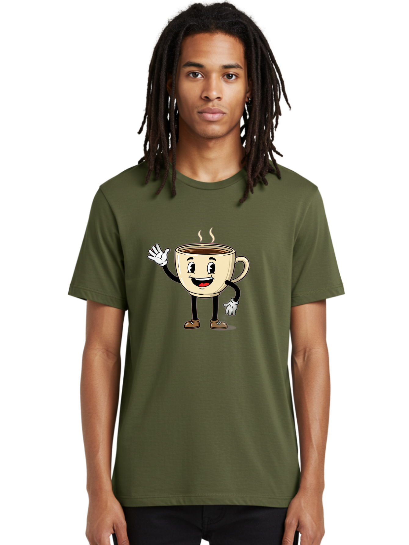Coffee-Cup-Character-1 Men'S Graphic Tee, 100% Cotton, Comfortable Casual Summer Wear, Machine Washable, Smiling Coffee Cup, Cartoon Character, Steaming Hot Coffee, Waving Hand, Happy Face, Coffee Lover, Morning Pick-Me-Up, Caffeine Boost Baa360