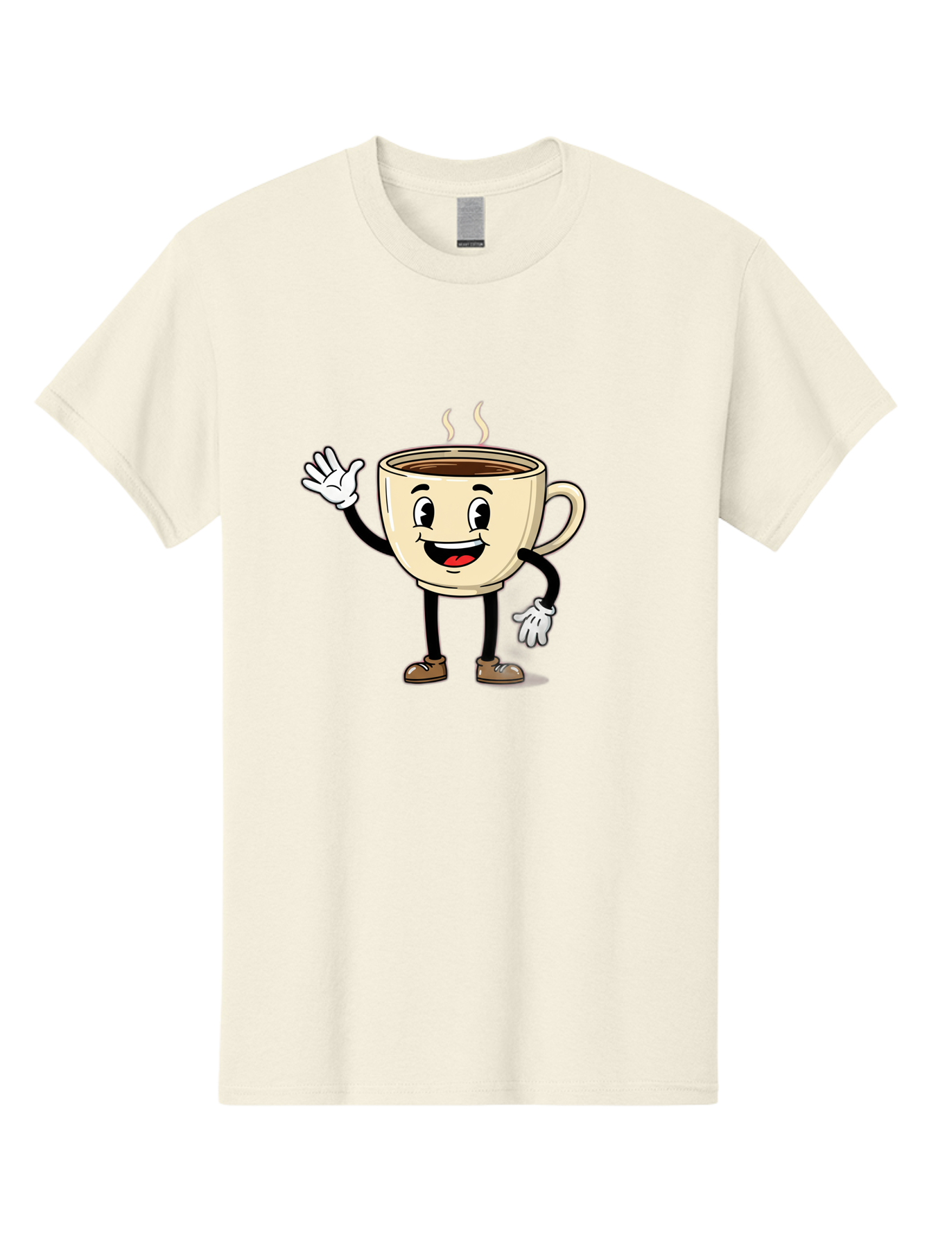 Coffee-Cup-Character-1 Men'S Graphic Tee, 100% Cotton, Comfortable Casual Summer Wear, Machine Washable, Smiling Coffee Cup, Cartoon Character, Steaming Hot Coffee, Waving Hand, Happy Face, Coffee Lover, Morning Pick-Me-Up, Caffeine Boost Baa360