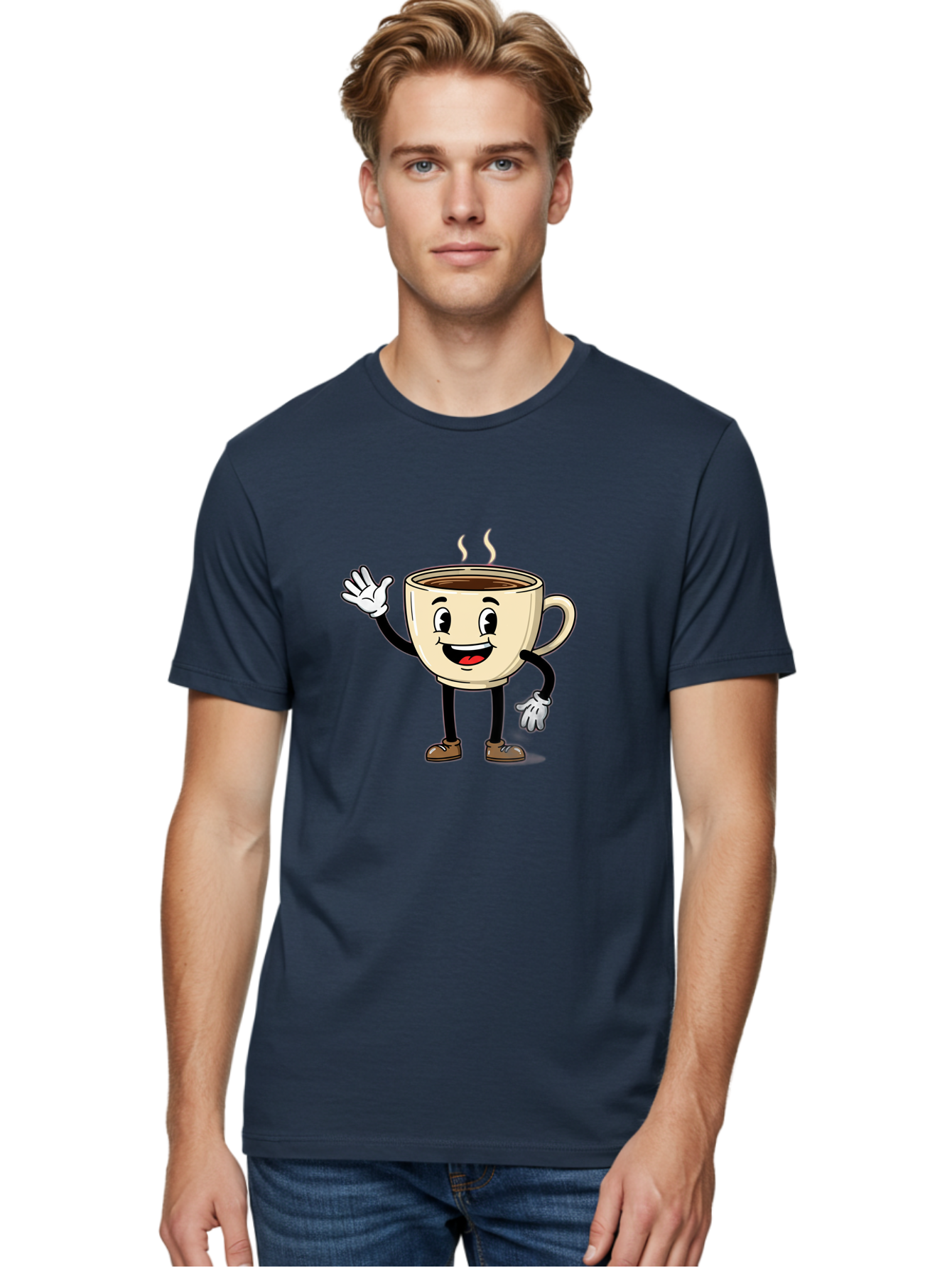 Coffee-Cup-Character-1 Men'S Graphic Tee, 100% Cotton, Comfortable Casual Summer Wear, Machine Washable, Smiling Coffee Cup, Cartoon Character, Steaming Hot Coffee, Waving Hand, Happy Face, Coffee Lover, Morning Pick-Me-Up, Caffeine Boost Baa360