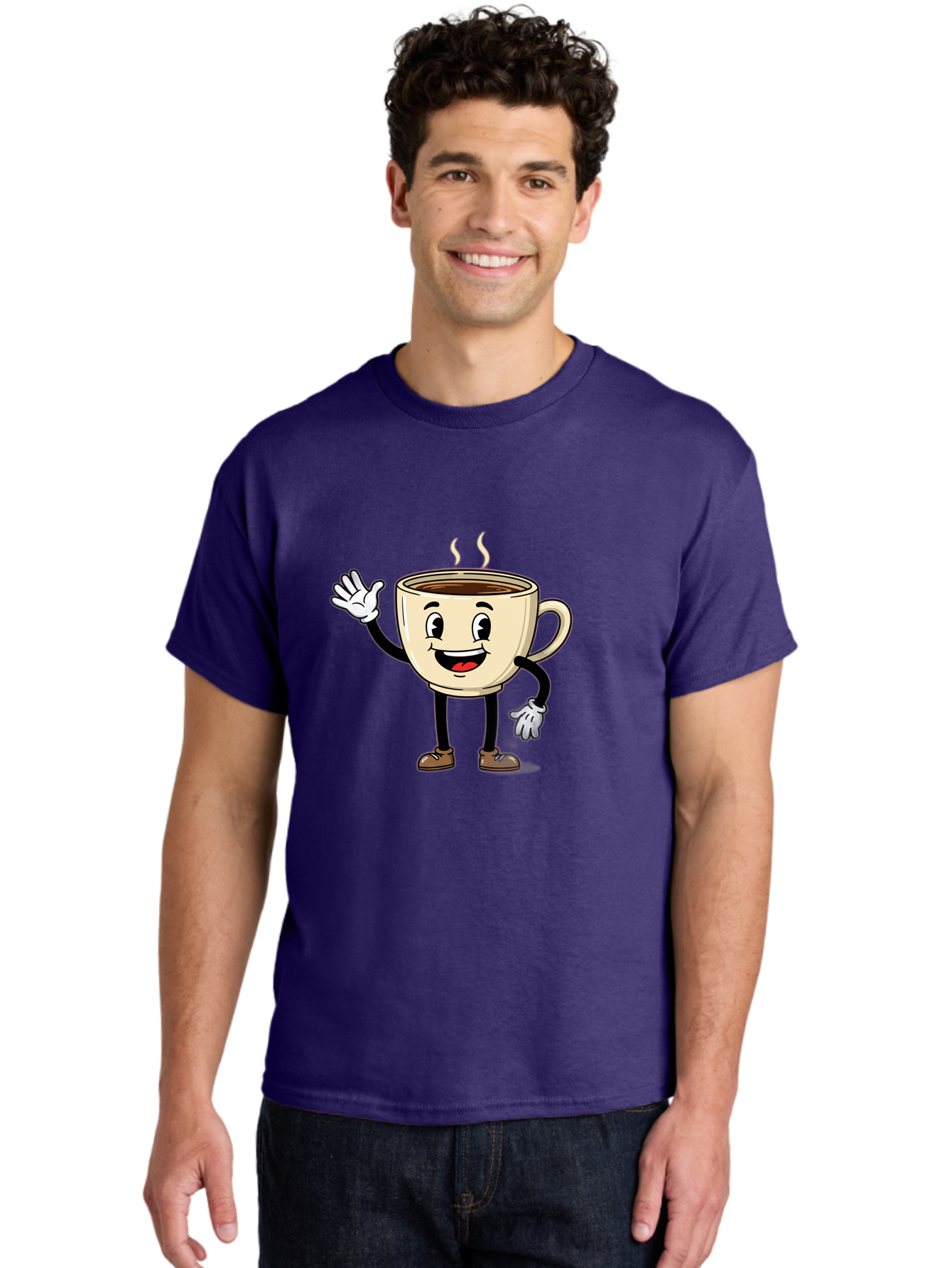 Coffee-Cup-Character-1 Men'S Graphic Tee, 100% Cotton, Comfortable Casual Summer Wear, Machine Washable, Smiling Coffee Cup, Cartoon Character, Steaming Hot Coffee, Waving Hand, Happy Face, Coffee Lover, Morning Pick-Me-Up, Caffeine Boost Baa360
