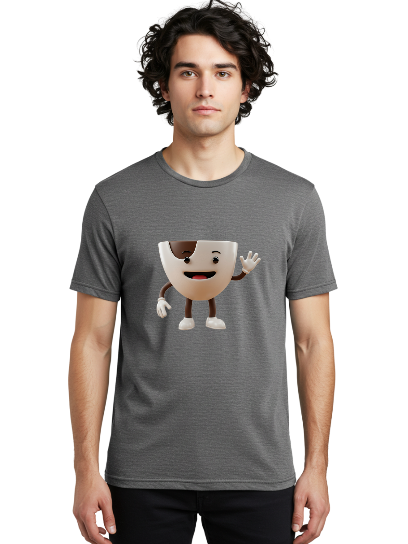 Coffee-Cup-Character-2 Men'S Graphic Tee, 100% Cotton, Comfortable Casual Summer Wear, Machine Washable, Cartoon Coffee Cup, Cute Character, Smiling Face, Waving Hand, Coffee Lover, Animated Mascot, Fun Design, Playful Illustration, Baa361