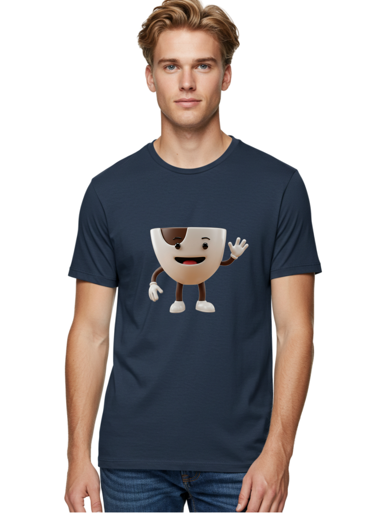 Coffee-Cup-Character-2 Men'S Graphic Tee, 100% Cotton, Comfortable Casual Summer Wear, Machine Washable, Cartoon Coffee Cup, Cute Character, Smiling Face, Waving Hand, Coffee Lover, Animated Mascot, Fun Design, Playful Illustration, Baa361