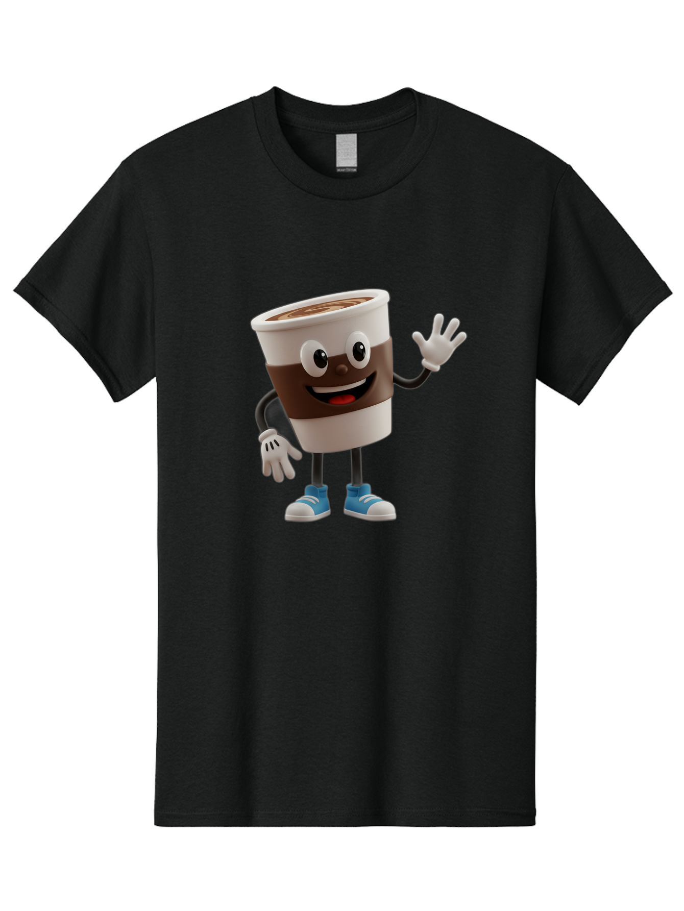 Coffee-Cup-Character Men'S Graphic Tee, 100% Cotton, Comfortable Casual Summer Wear, Machine Washable, Cartoon Coffee Cup, Happy Face, Waving Hand, Blue Sneakers, Coffee Lover, Morning Pick-Me-Up, Animated Beverage, Friendly Character, Baa362