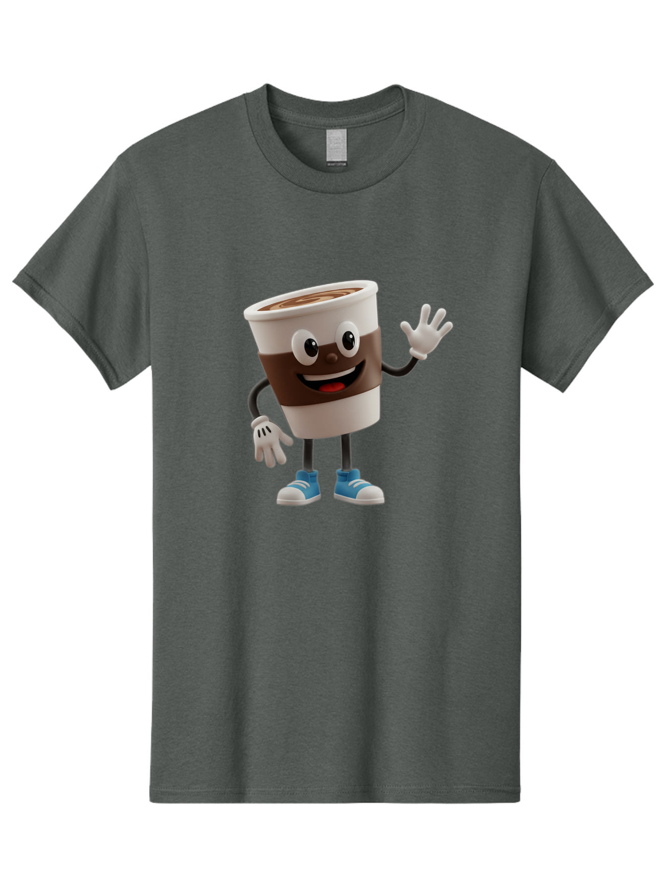 Coffee-Cup-Character Men'S Graphic Tee, 100% Cotton, Comfortable Casual Summer Wear, Machine Washable, Cartoon Coffee Cup, Happy Face, Waving Hand, Blue Sneakers, Coffee Lover, Morning Pick-Me-Up, Animated Beverage, Friendly Character, Baa362