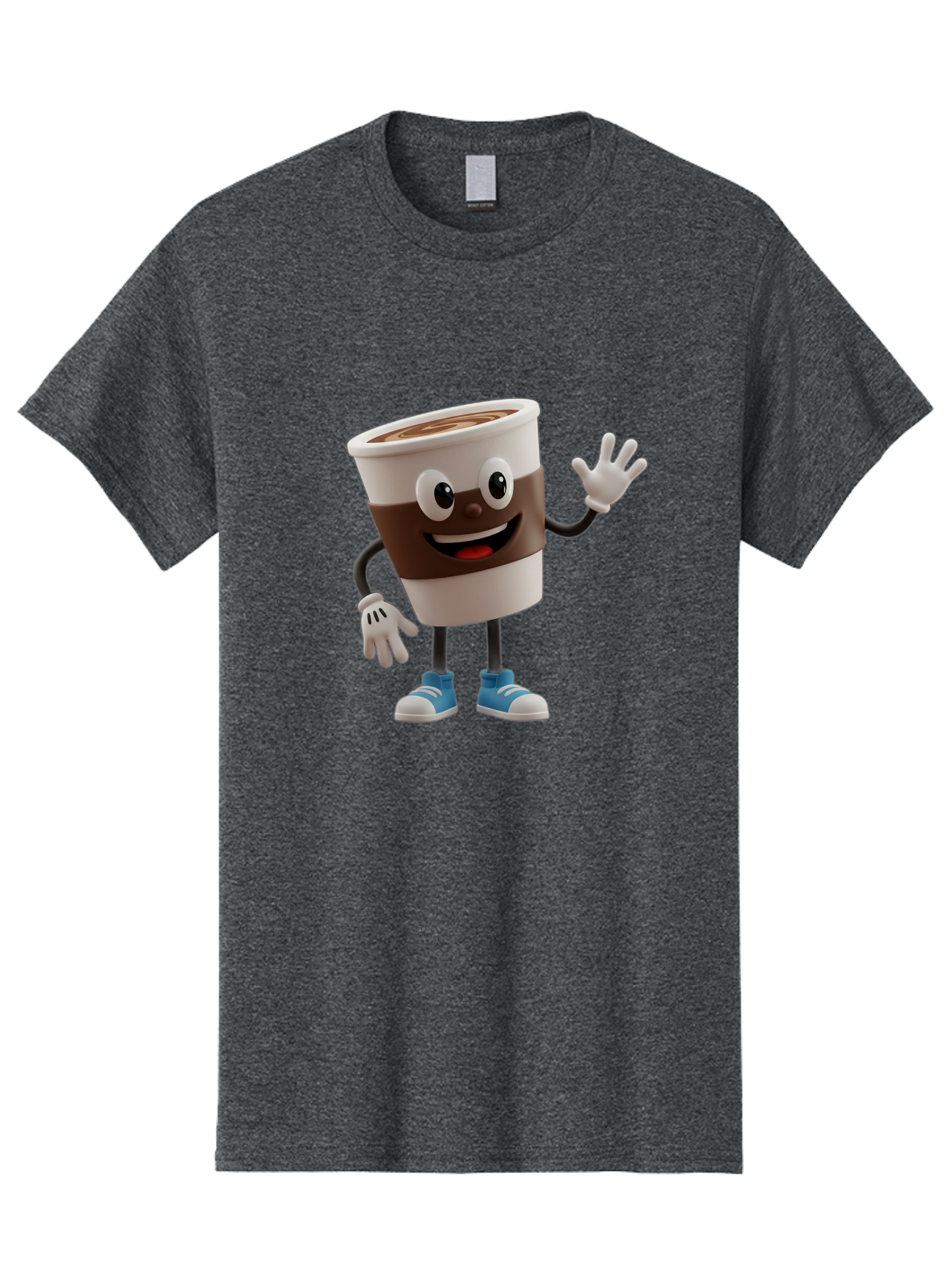 Coffee-Cup-Character Men'S Graphic Tee, 100% Cotton, Comfortable Casual Summer Wear, Machine Washable, Cartoon Coffee Cup, Happy Face, Waving Hand, Blue Sneakers, Coffee Lover, Morning Pick-Me-Up, Animated Beverage, Friendly Character, Baa362