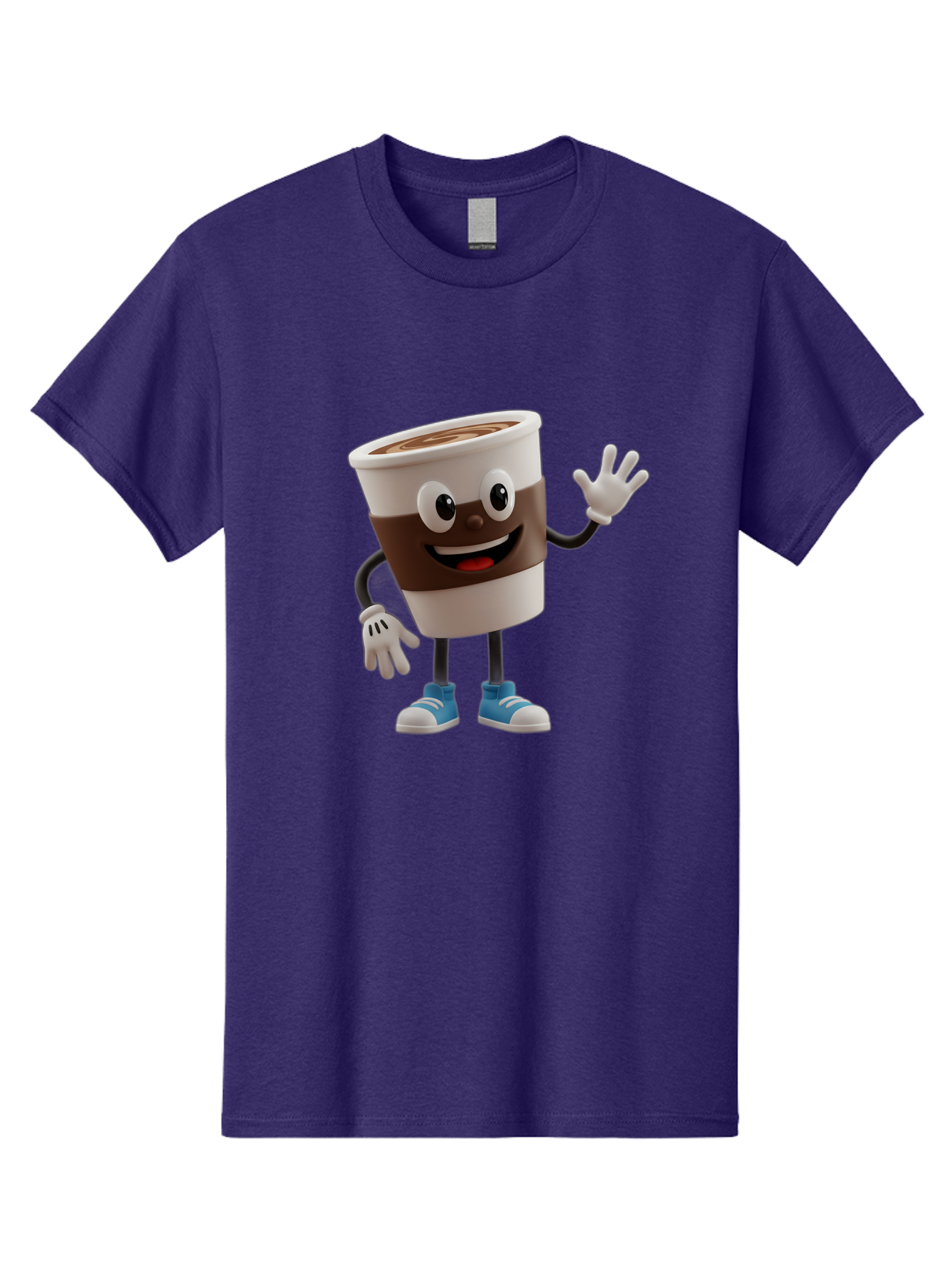 Coffee-Cup-Character Men'S Graphic Tee, 100% Cotton, Comfortable Casual Summer Wear, Machine Washable, Cartoon Coffee Cup, Happy Face, Waving Hand, Blue Sneakers, Coffee Lover, Morning Pick-Me-Up, Animated Beverage, Friendly Character, Baa362
