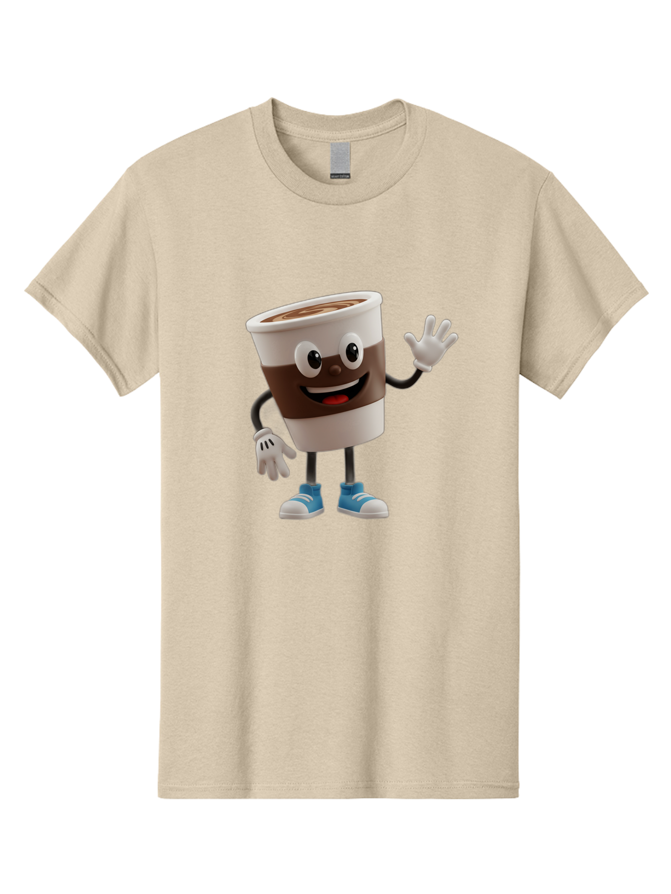 Coffee-Cup-Character Men'S Graphic Tee, 100% Cotton, Comfortable Casual Summer Wear, Machine Washable, Cartoon Coffee Cup, Happy Face, Waving Hand, Blue Sneakers, Coffee Lover, Morning Pick-Me-Up, Animated Beverage, Friendly Character, Baa362