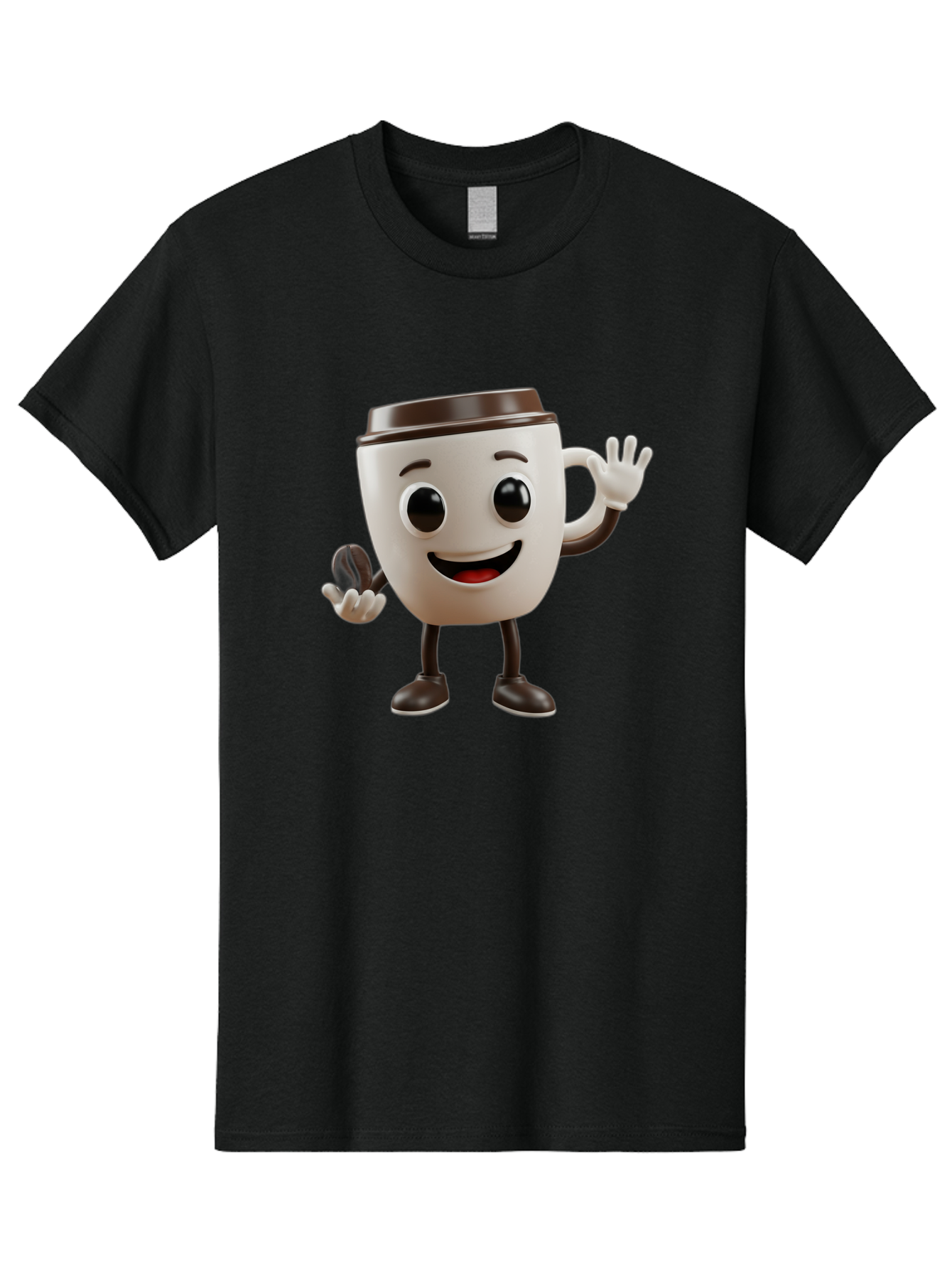 Coffee-Cup-Mascot Men'S Graphic Tee, 100% Cotton, Comfortable Casual Summer Wear, Machine Washable, Cartoon Coffee Cup, Smiling Face, Waving Hands, Black Accents, Coffee To Go, Playful Character, Morning Pick-Me-Up, Caffeinated Fun Baa363