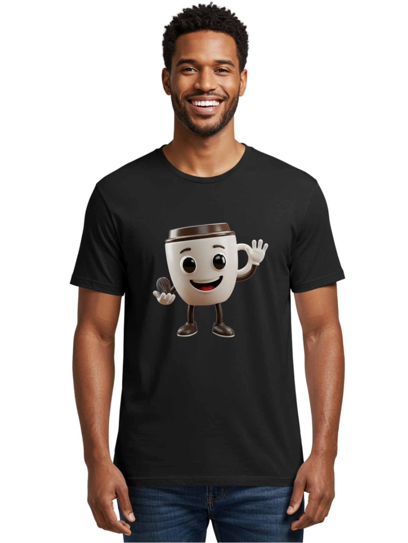Coffee-Cup-Mascot Men'S Graphic Tee, 100% Cotton, Comfortable Casual Summer Wear, Machine Washable, Cartoon Coffee Cup, Smiling Face, Waving Hands, Black Accents, Coffee To Go, Playful Character, Morning Pick-Me-Up, Caffeinated Fun Baa363