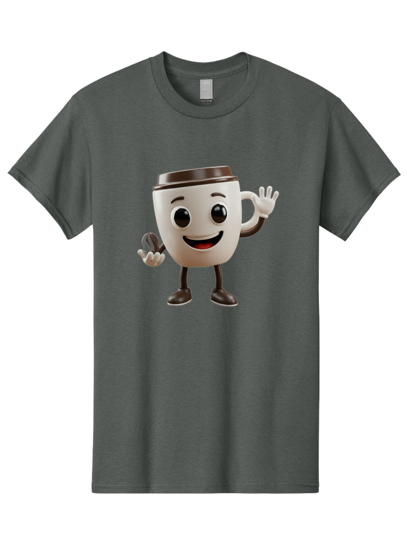 Coffee-Cup-Mascot Men'S Graphic Tee, 100% Cotton, Comfortable Casual Summer Wear, Machine Washable, Cartoon Coffee Cup, Smiling Face, Waving Hands, Black Accents, Coffee To Go, Playful Character, Morning Pick-Me-Up, Caffeinated Fun Baa363