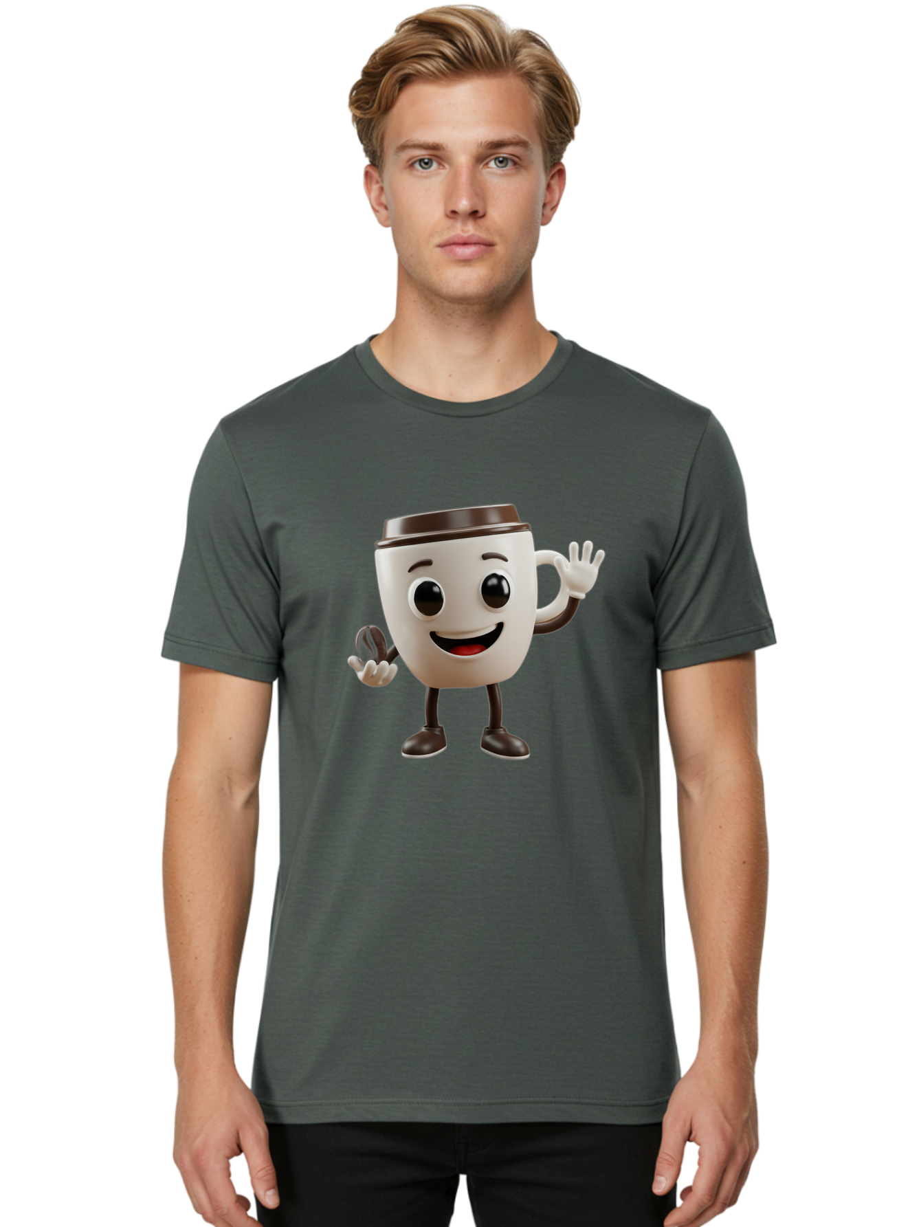 Coffee-Cup-Mascot Men'S Graphic Tee, 100% Cotton, Comfortable Casual Summer Wear, Machine Washable, Cartoon Coffee Cup, Smiling Face, Waving Hands, Black Accents, Coffee To Go, Playful Character, Morning Pick-Me-Up, Caffeinated Fun Baa363