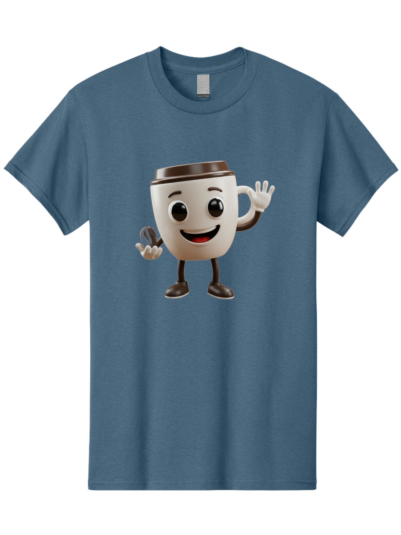 Coffee-Cup-Mascot Men'S Graphic Tee, 100% Cotton, Comfortable Casual Summer Wear, Machine Washable, Cartoon Coffee Cup, Smiling Face, Waving Hands, Black Accents, Coffee To Go, Playful Character, Morning Pick-Me-Up, Caffeinated Fun Baa363