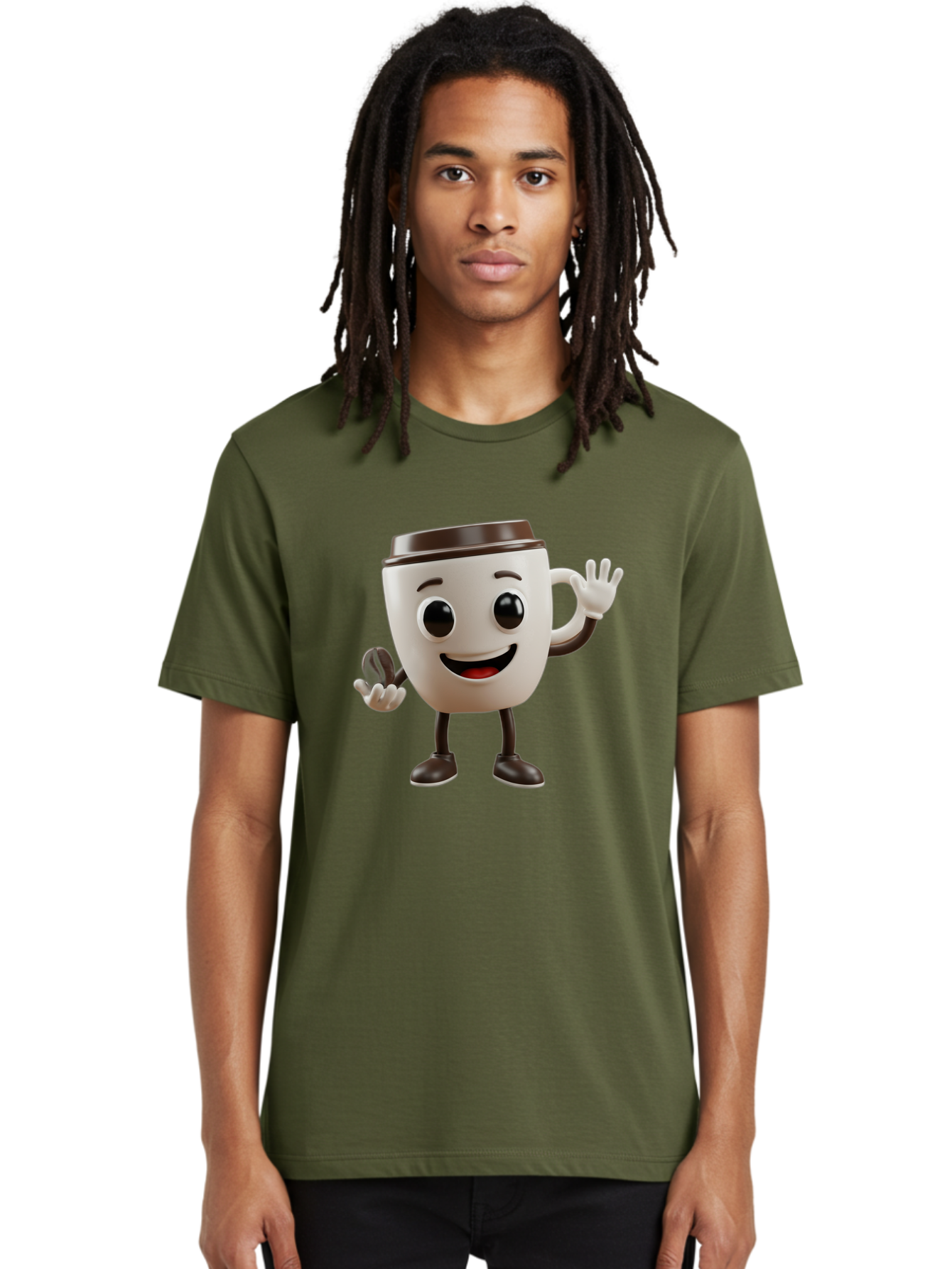 Coffee-Cup-Mascot Men'S Graphic Tee, 100% Cotton, Comfortable Casual Summer Wear, Machine Washable, Cartoon Coffee Cup, Smiling Face, Waving Hands, Black Accents, Coffee To Go, Playful Character, Morning Pick-Me-Up, Caffeinated Fun Baa363