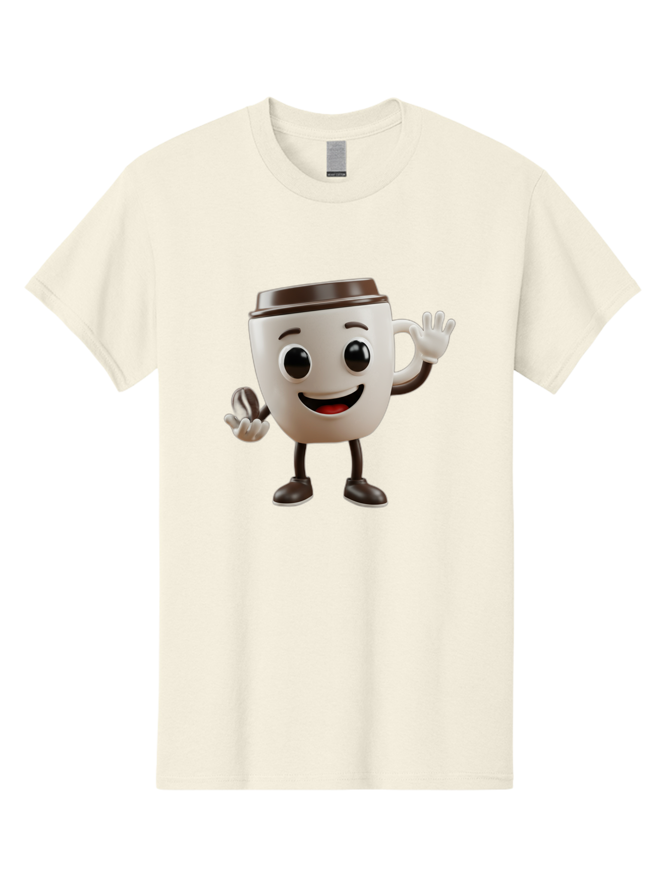 Coffee-Cup-Mascot Men'S Graphic Tee, 100% Cotton, Comfortable Casual Summer Wear, Machine Washable, Cartoon Coffee Cup, Smiling Face, Waving Hands, Black Accents, Coffee To Go, Playful Character, Morning Pick-Me-Up, Caffeinated Fun Baa363