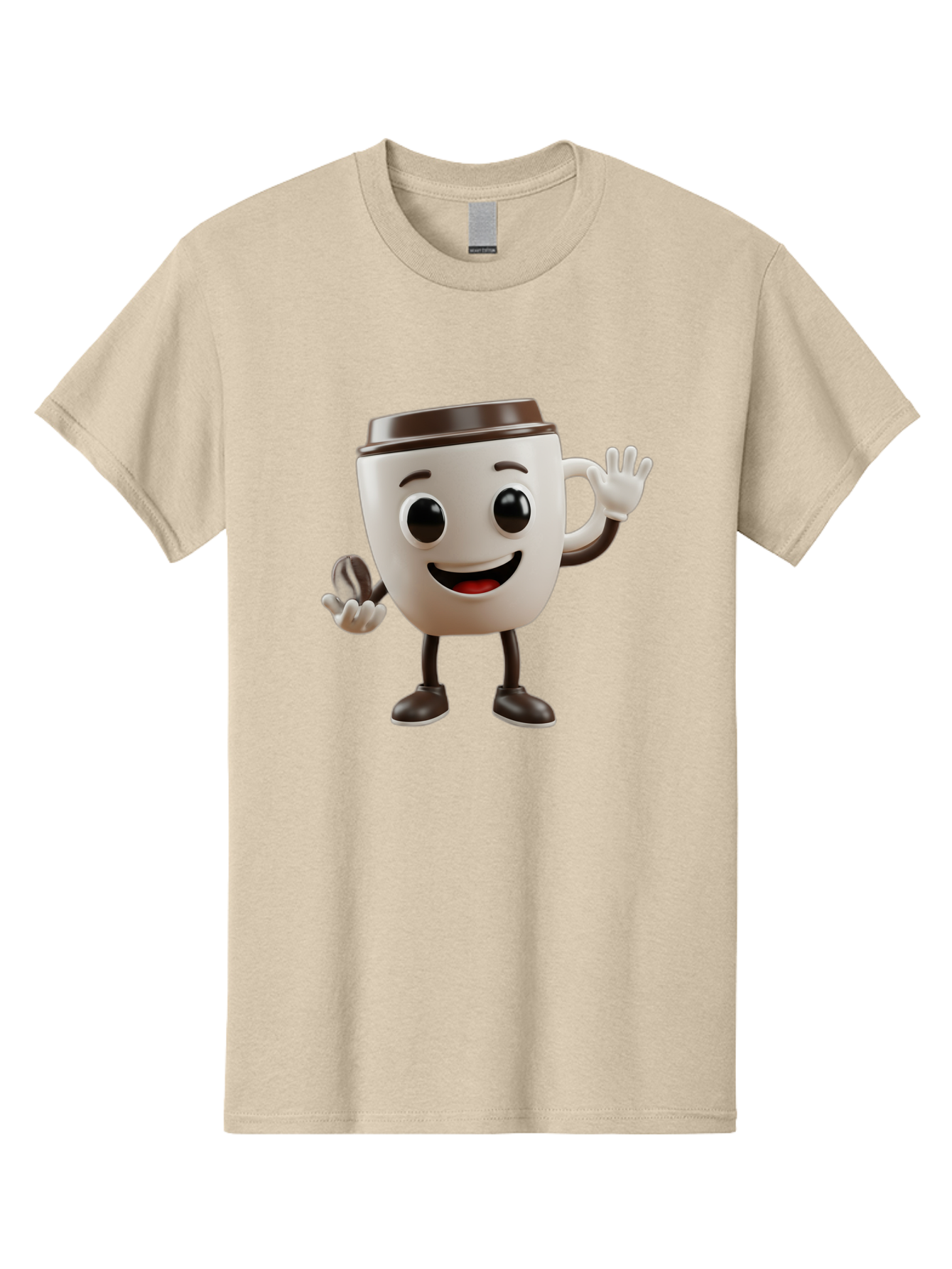 Coffee-Cup-Mascot Men'S Graphic Tee, 100% Cotton, Comfortable Casual Summer Wear, Machine Washable, Cartoon Coffee Cup, Smiling Face, Waving Hands, Black Accents, Coffee To Go, Playful Character, Morning Pick-Me-Up, Caffeinated Fun Baa363