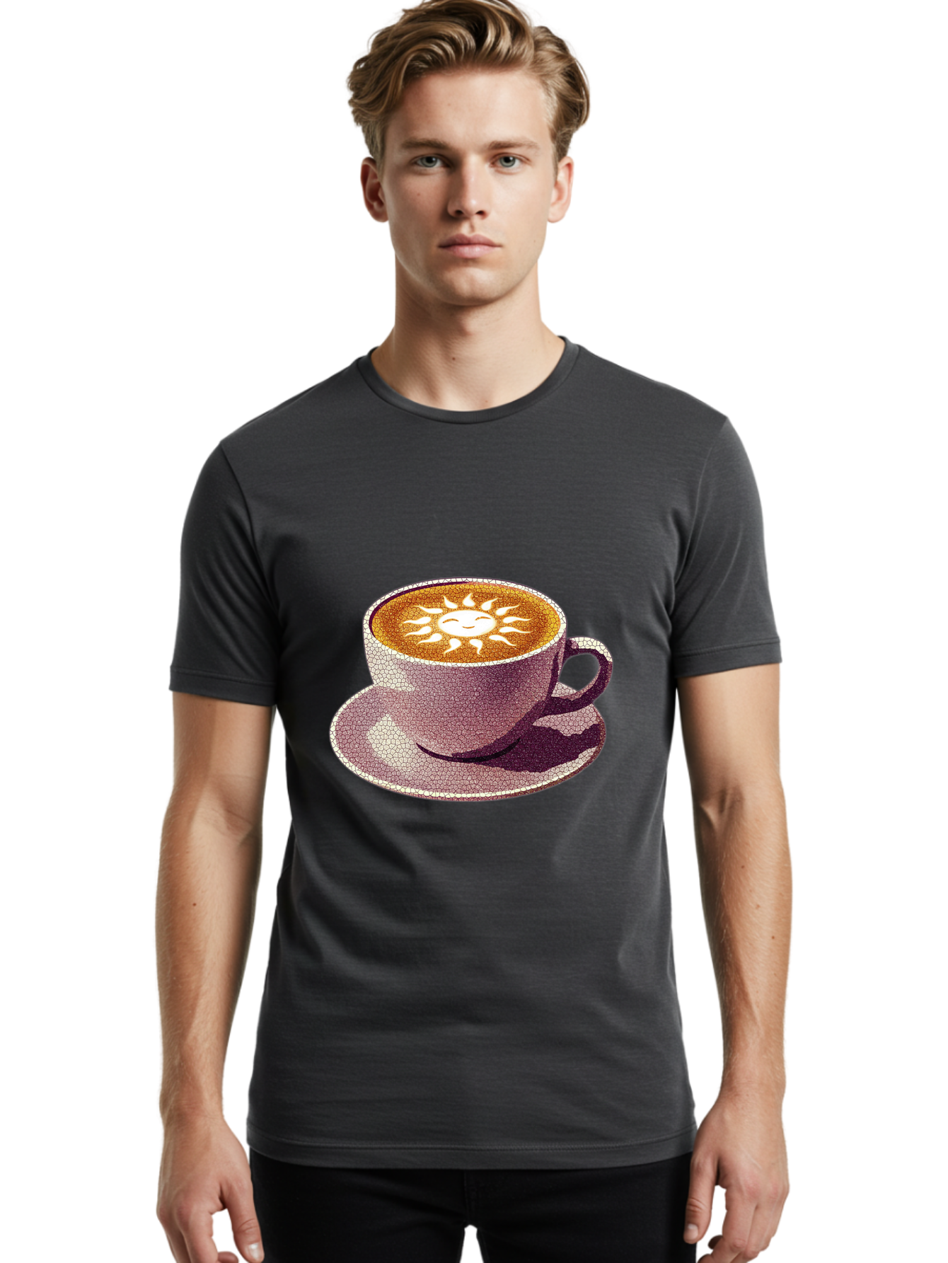 Coffee-Cup-Sun Men'S Graphic Tee, 100% Cotton, Comfortable Casual Summer Wear, Machine Washable, Coffee Cup, Latte Art, Sun Design, Heart Shape, Morning Coffee, Coffee Break, Espresso, Cafe Culture, Warm Beverage, Daily Grind Baa364