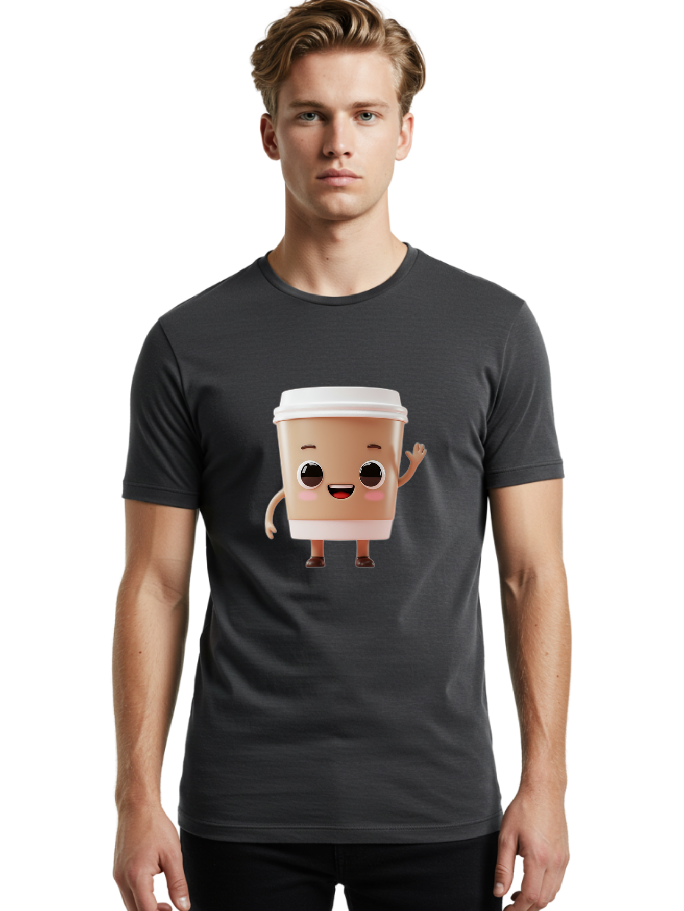 Coffee-Cup Men'S Graphic Tee, 100% Cotton, Comfortable Casual Summer Wear, Machine Washable, Cartoon Coffee Cup, Anthropomorphic Character, Smiling Face, Friendly Gesture, Happy Expression, 3D Illustration, Coffee Culture, Morning Pick-Me-Up, Baa366