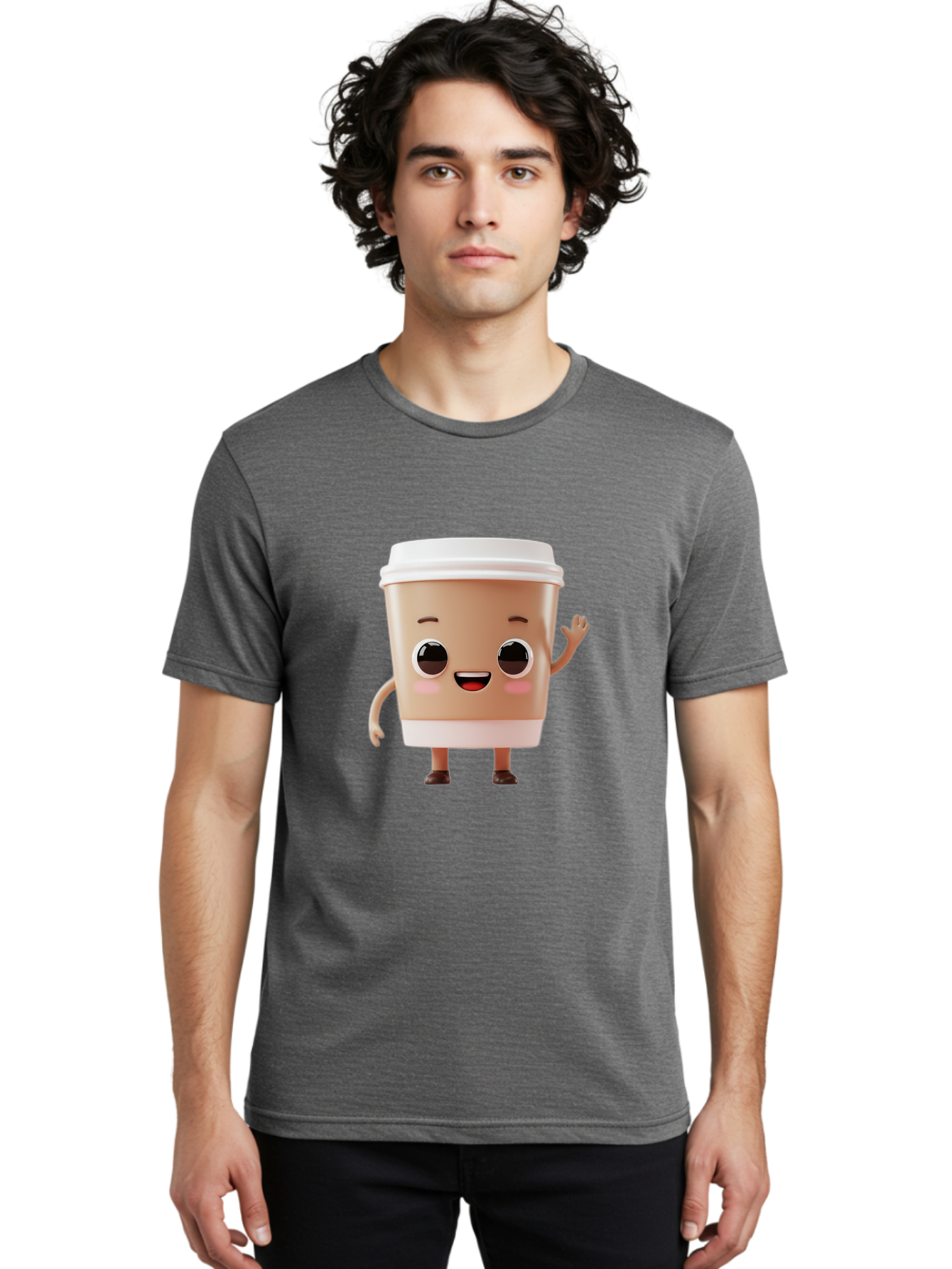 Coffee-Cup Men'S Graphic Tee, 100% Cotton, Comfortable Casual Summer Wear, Machine Washable, Cartoon Coffee Cup, Anthropomorphic Character, Smiling Face, Friendly Gesture, Happy Expression, 3D Illustration, Coffee Culture, Morning Pick-Me-Up, Baa366