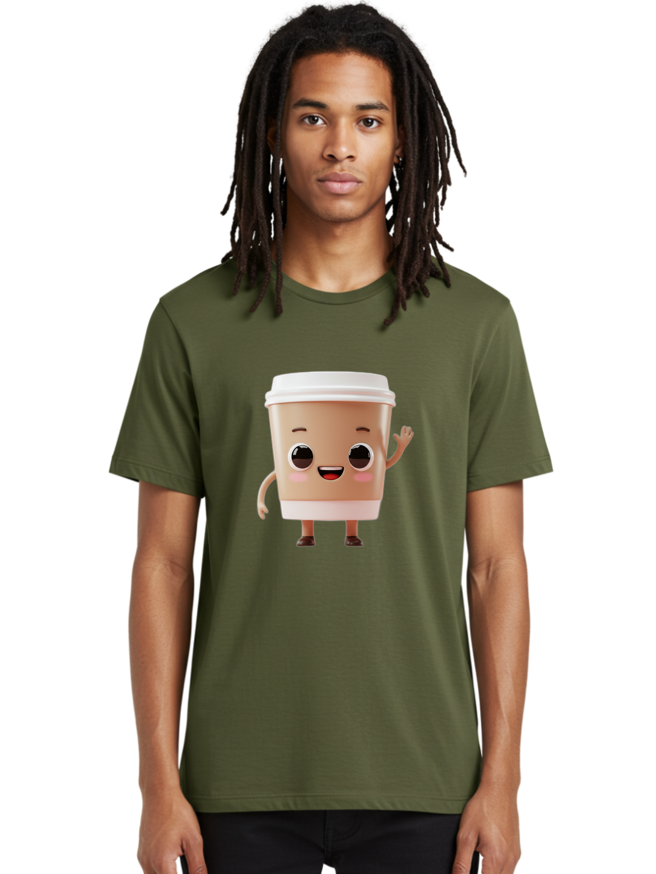 Coffee-Cup Men'S Graphic Tee, 100% Cotton, Comfortable Casual Summer Wear, Machine Washable, Cartoon Coffee Cup, Anthropomorphic Character, Smiling Face, Friendly Gesture, Happy Expression, 3D Illustration, Coffee Culture, Morning Pick-Me-Up, Baa366