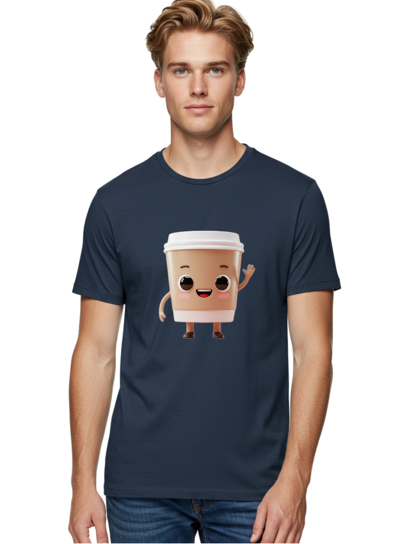 Coffee-Cup Men'S Graphic Tee, 100% Cotton, Comfortable Casual Summer Wear, Machine Washable, Cartoon Coffee Cup, Anthropomorphic Character, Smiling Face, Friendly Gesture, Happy Expression, 3D Illustration, Coffee Culture, Morning Pick-Me-Up, Baa366