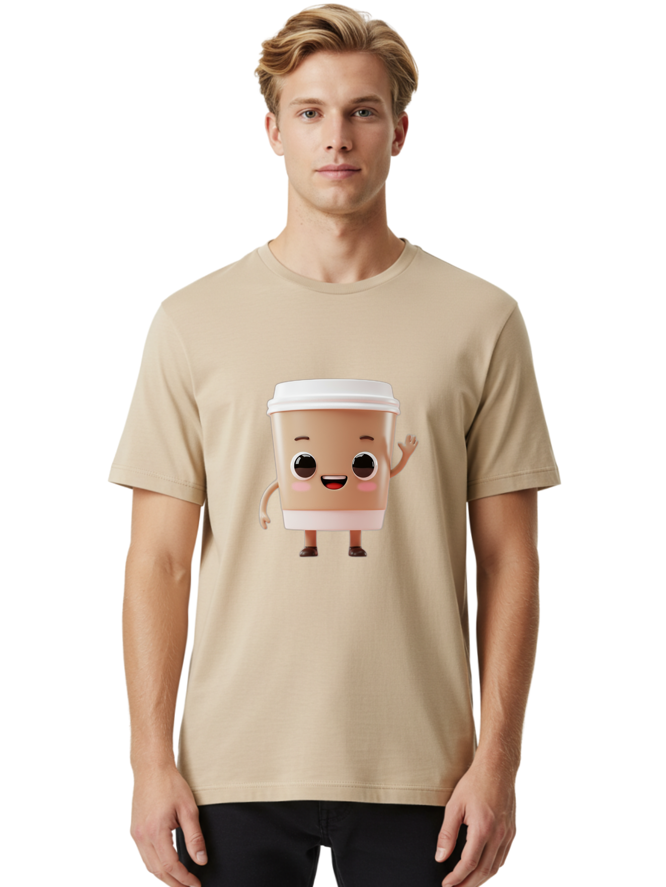 Coffee-Cup Men'S Graphic Tee, 100% Cotton, Comfortable Casual Summer Wear, Machine Washable, Cartoon Coffee Cup, Anthropomorphic Character, Smiling Face, Friendly Gesture, Happy Expression, 3D Illustration, Coffee Culture, Morning Pick-Me-Up, Baa366