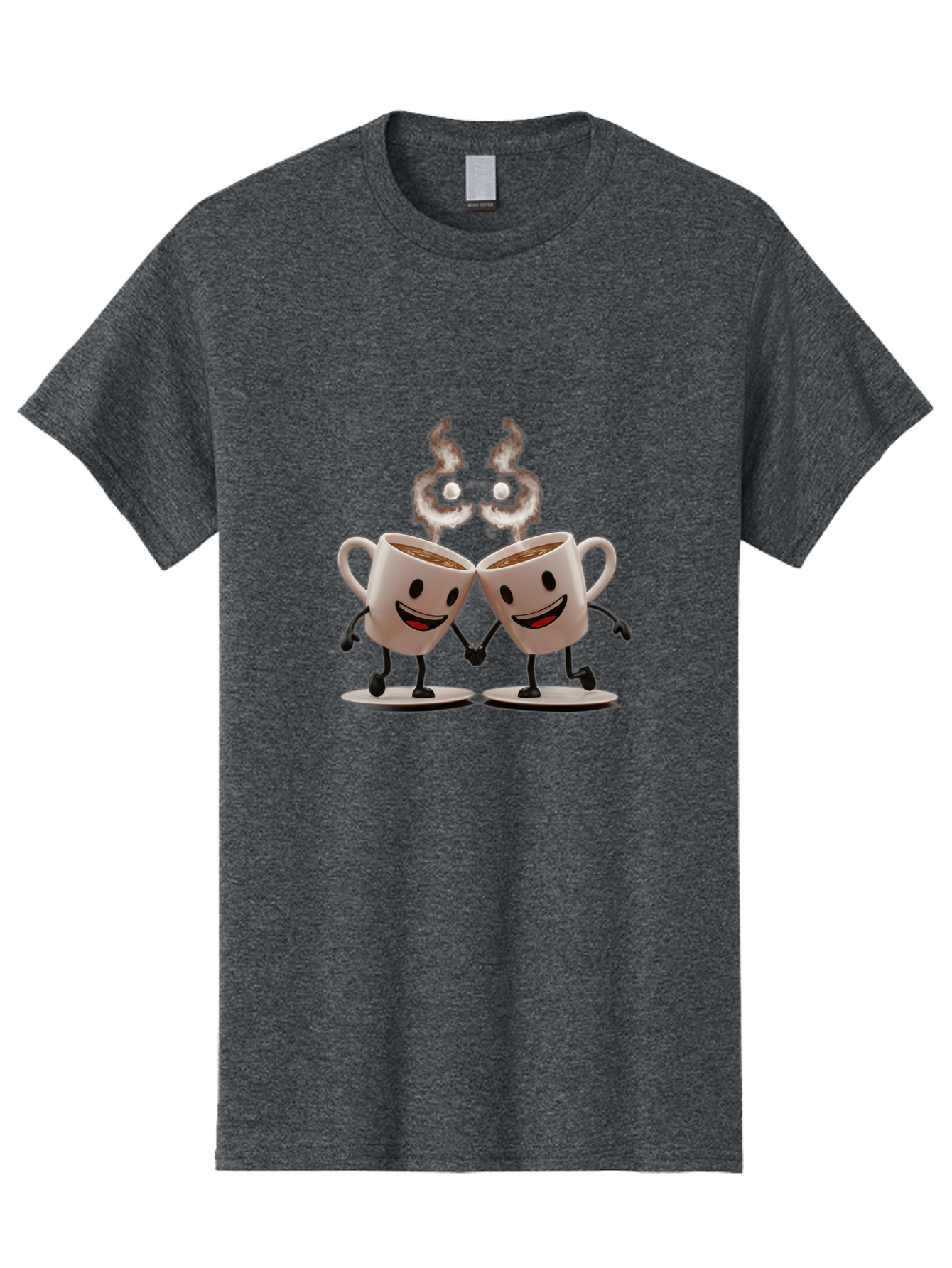 Coffee-Cups-2 Men'S Graphic Tee, 100% Cotton, Comfortable Casual Summer Wear, Machine Washable, Cartoon Coffee Cups Holding Hands, Smiling Faces, Coffee Steam, Adorable Characters, Quirky Illustration, Playful Design, Coffee Lovers, Baa368