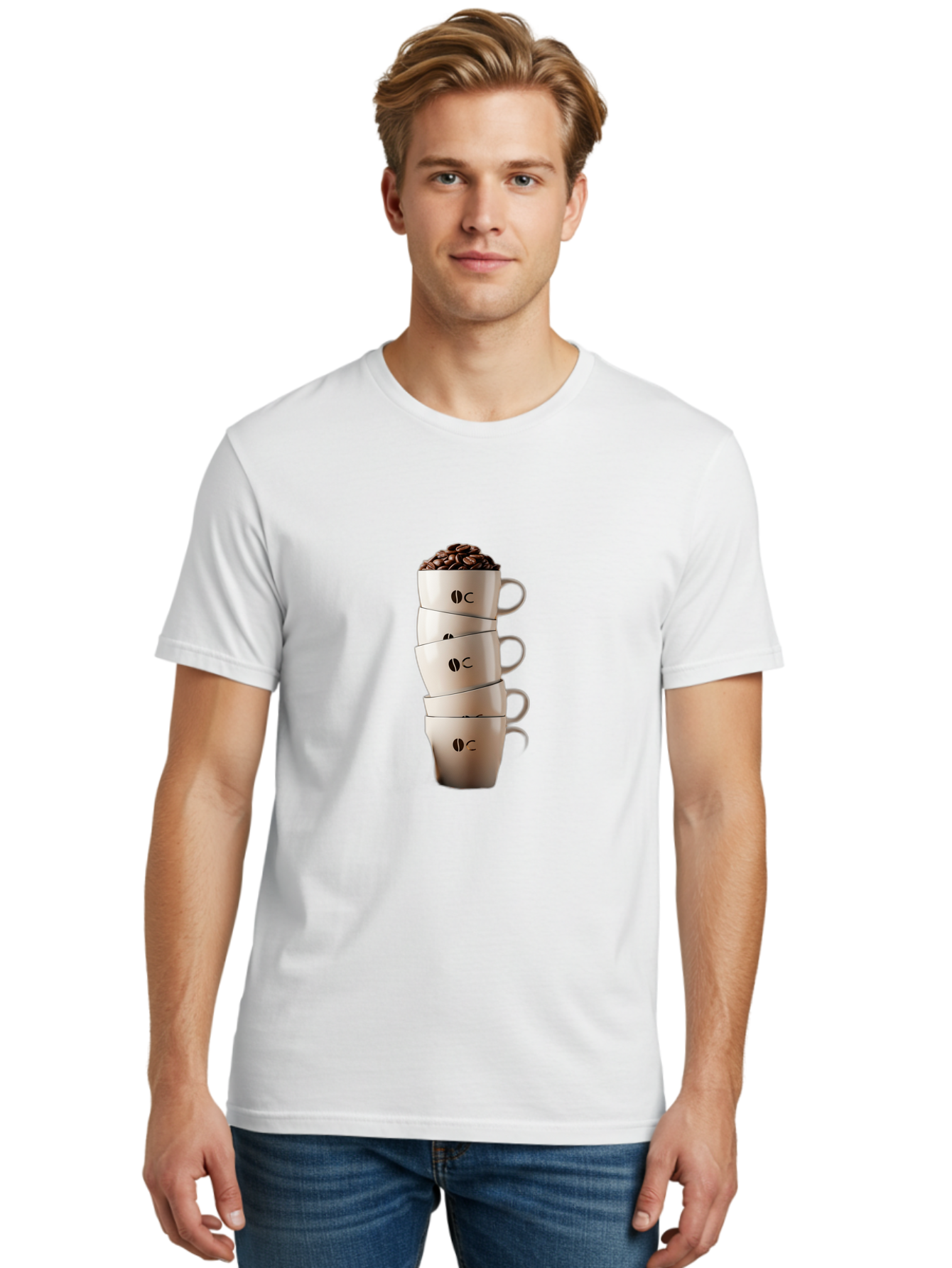 Coffee-Cups-3 Men'S Graphic Tee, 100% Cotton, Comfortable Casual Summer Wear, Machine Washable, Coffee Cups, Coffee Beans, Beige Cups, Stacked Cups, Coffee Logo, Coffee Culture, Morning Coffee, Coffee Break, Coffee Time Baa369