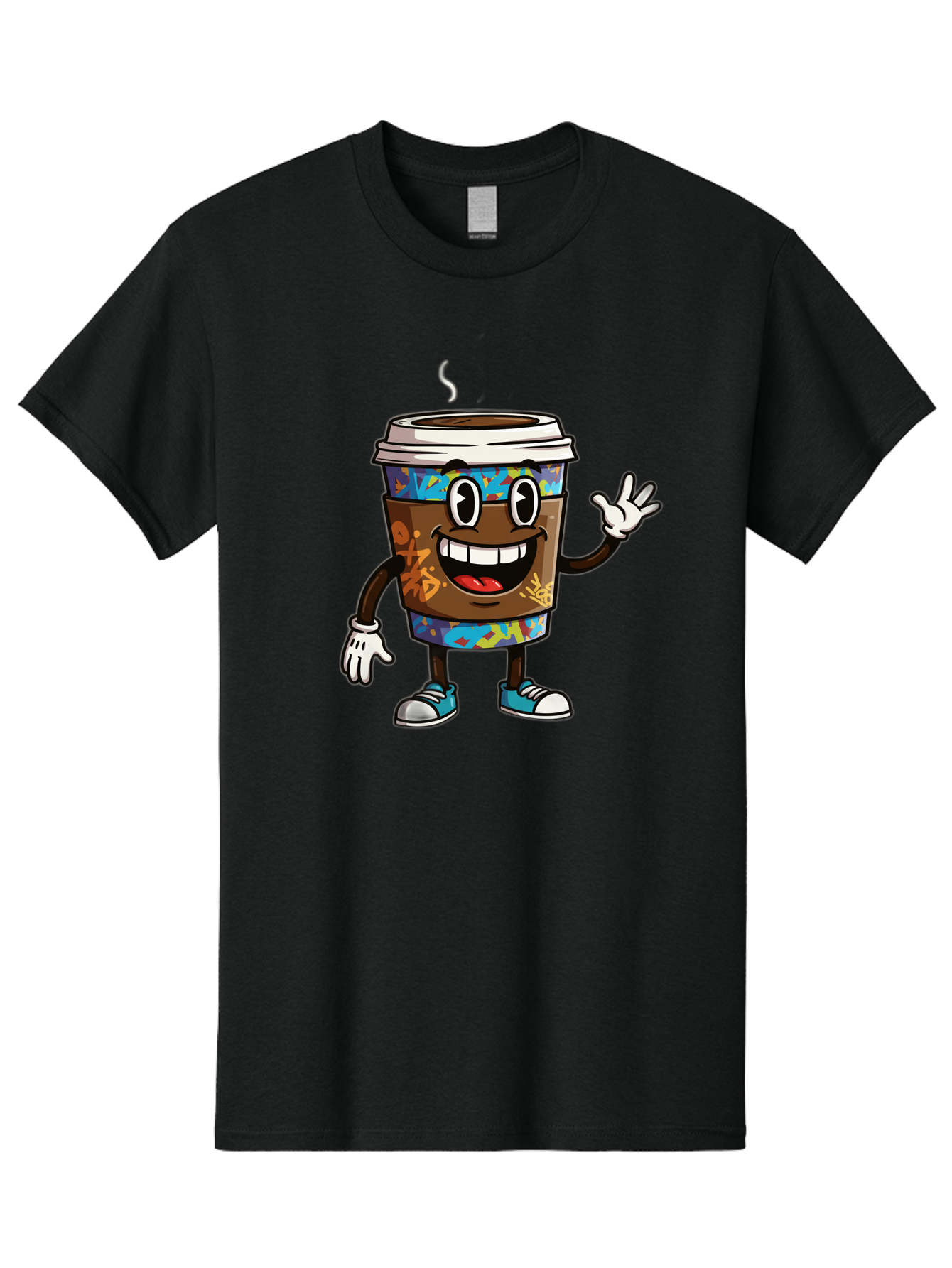 Coffee-Mug-Character Men'S Graphic Tee, 100% Cotton, Comfortable Casual Summer Wear, Machine Washable, Cartoon Personified Coffee Cup, Brown Coffee Cup Character, Smiling Coffee, Coffee Cup Mascot, Positive Vibes, Waving Coffee Cup, Baa378
