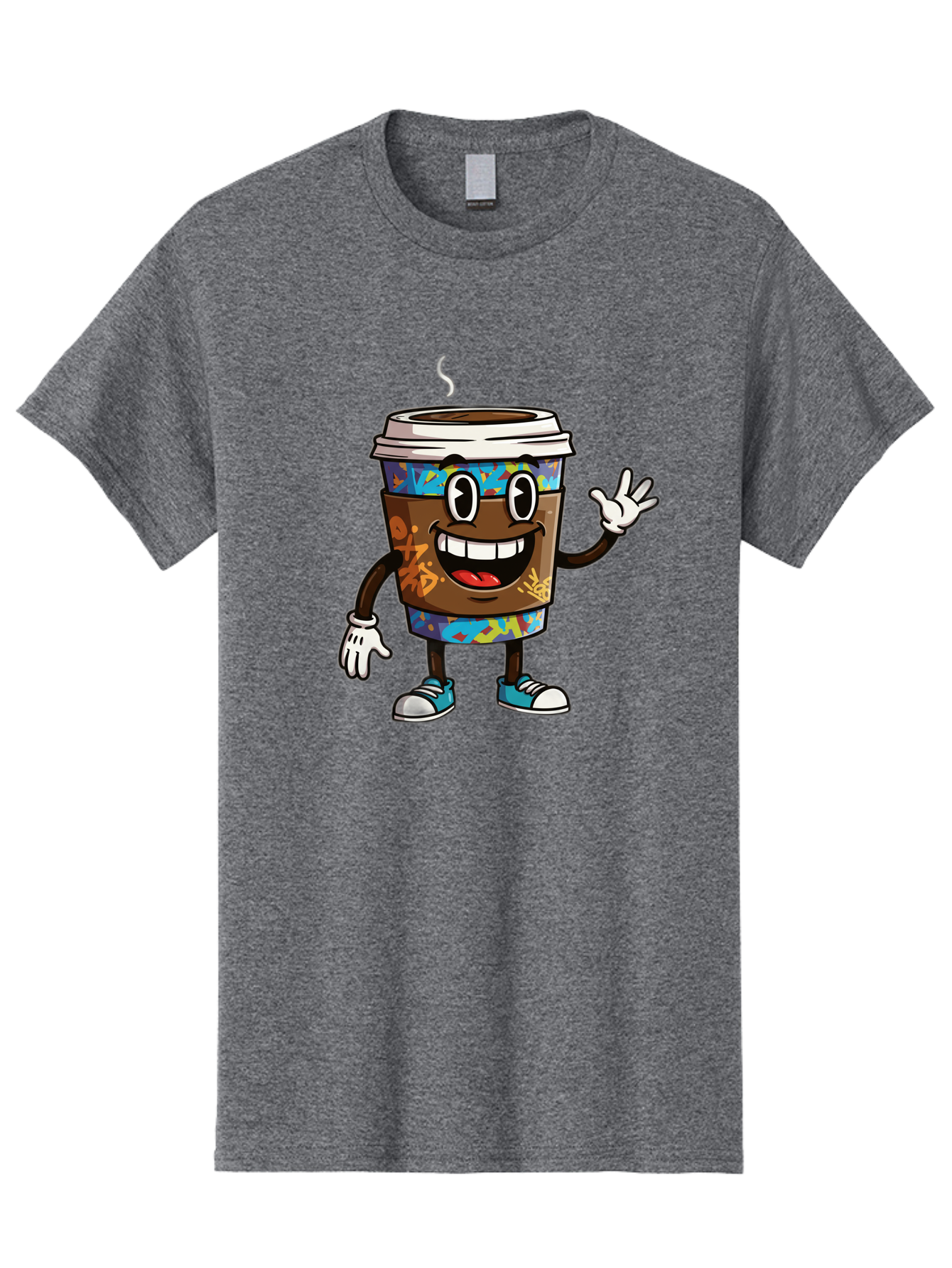 Coffee-Mug-Character Men'S Graphic Tee, 100% Cotton, Comfortable Casual Summer Wear, Machine Washable, Cartoon Personified Coffee Cup, Brown Coffee Cup Character, Smiling Coffee, Coffee Cup Mascot, Positive Vibes, Waving Coffee Cup, Baa378