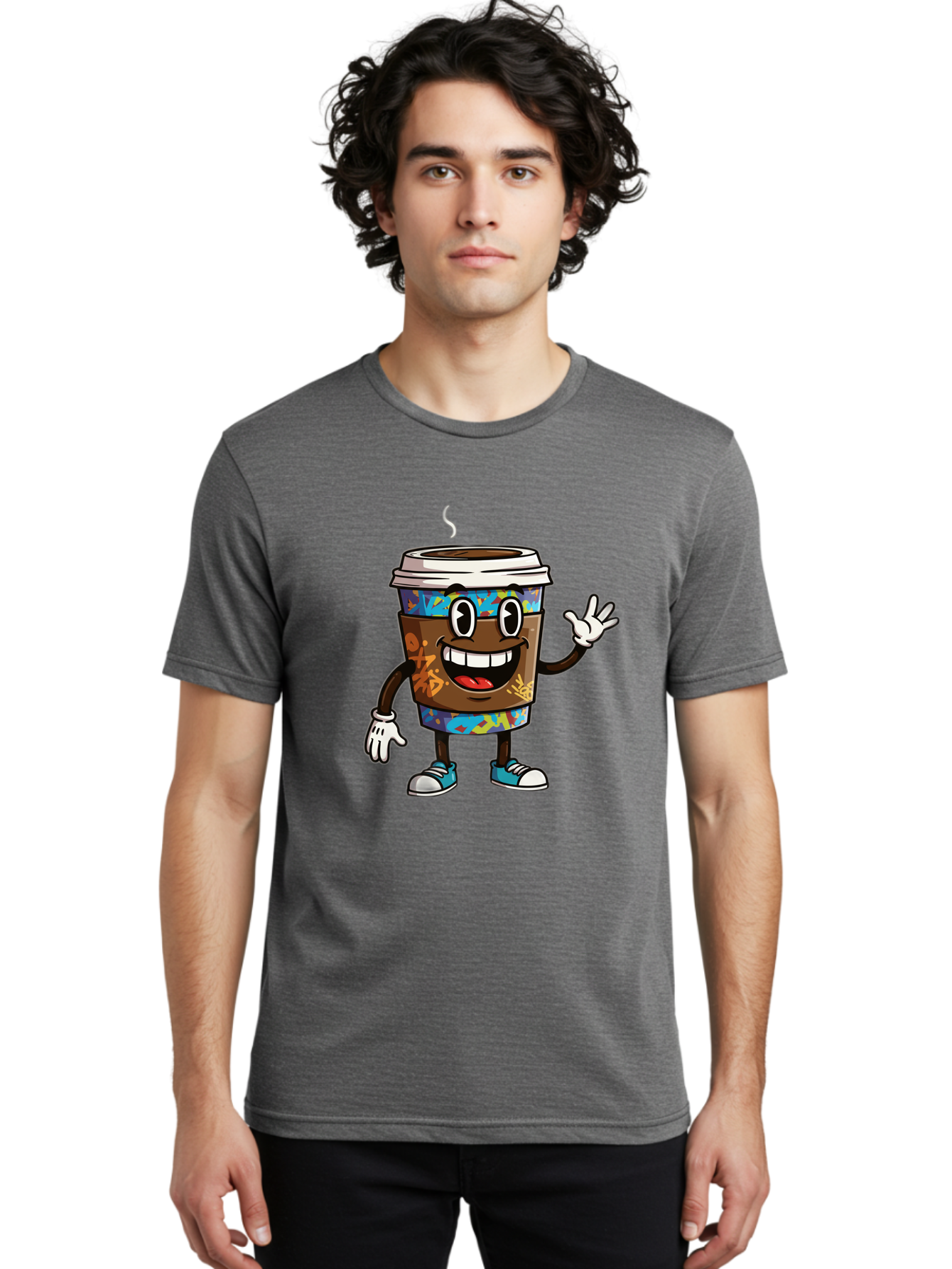 Coffee-Mug-Character Men'S Graphic Tee, 100% Cotton, Comfortable Casual Summer Wear, Machine Washable, Cartoon Personified Coffee Cup, Brown Coffee Cup Character, Smiling Coffee, Coffee Cup Mascot, Positive Vibes, Waving Coffee Cup, Baa378