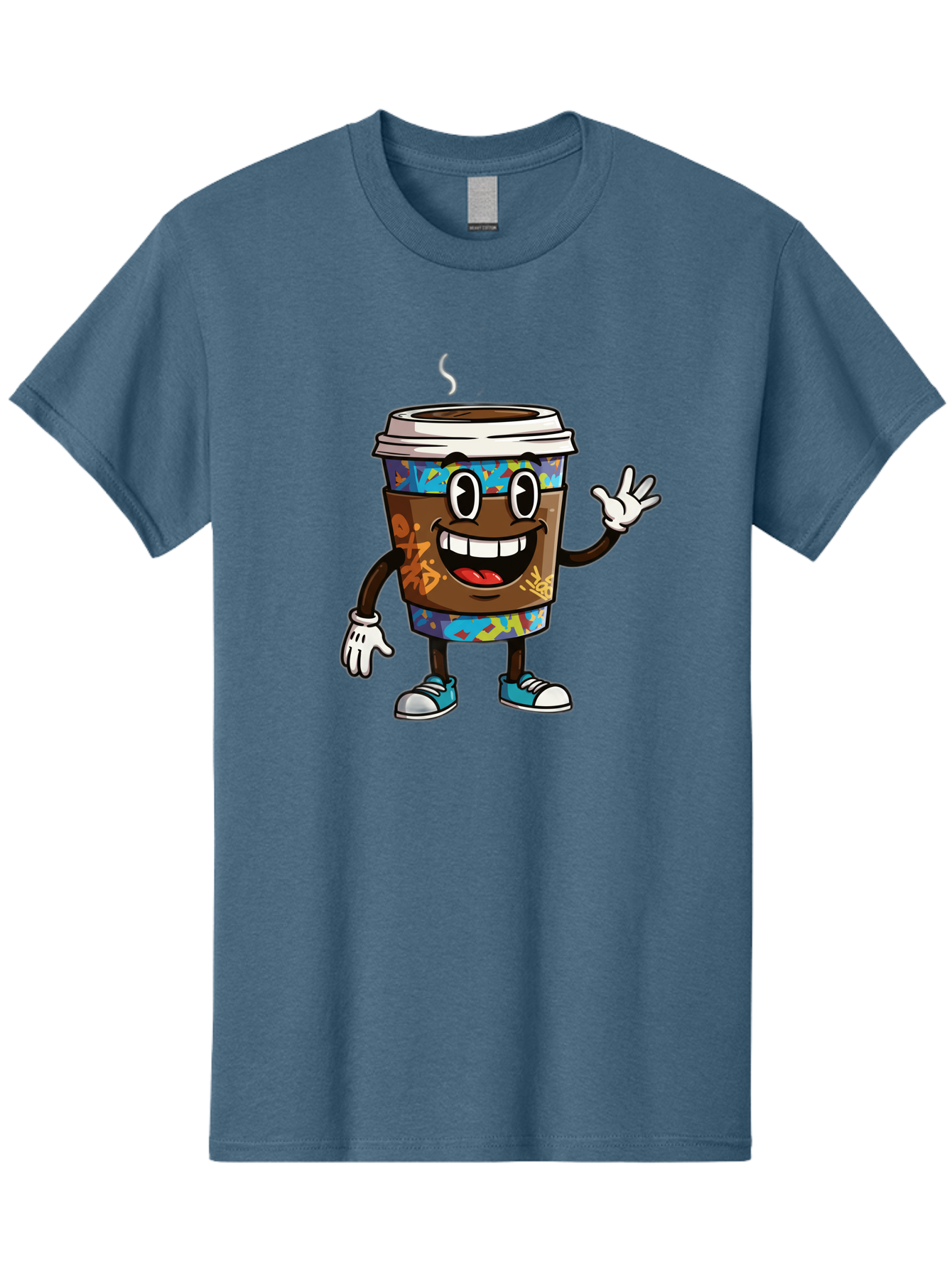 Coffee-Mug-Character Men'S Graphic Tee, 100% Cotton, Comfortable Casual Summer Wear, Machine Washable, Cartoon Personified Coffee Cup, Brown Coffee Cup Character, Smiling Coffee, Coffee Cup Mascot, Positive Vibes, Waving Coffee Cup, Baa378