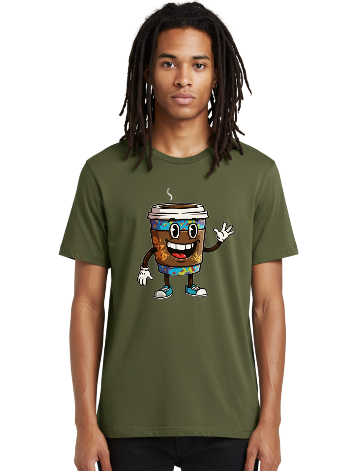Coffee-Mug-Character Men'S Graphic Tee, 100% Cotton, Comfortable Casual Summer Wear, Machine Washable, Cartoon Personified Coffee Cup, Brown Coffee Cup Character, Smiling Coffee, Coffee Cup Mascot, Positive Vibes, Waving Coffee Cup, Baa378