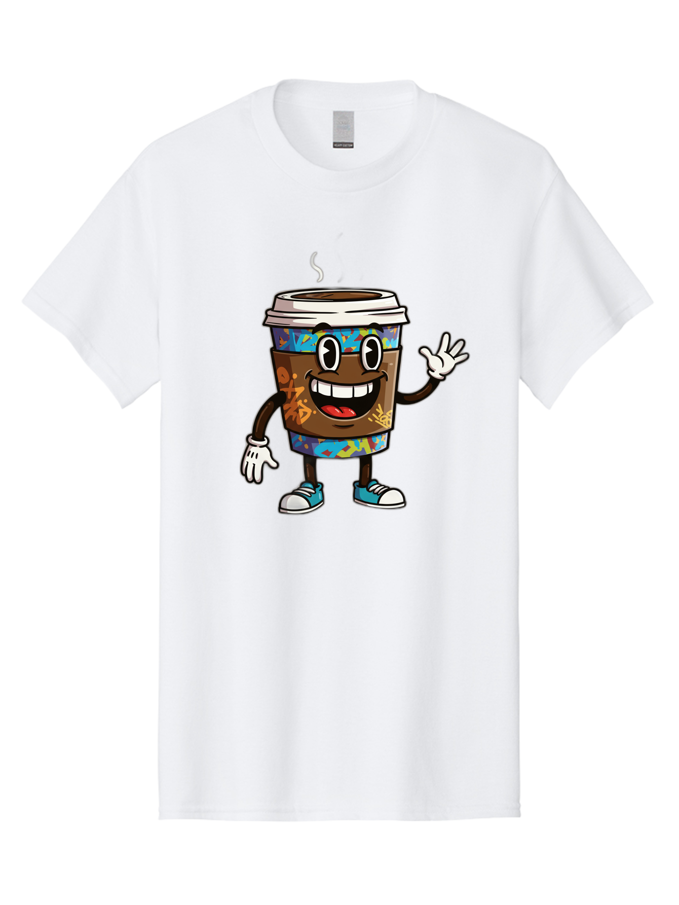 Coffee-Mug-Character Men'S Graphic Tee, 100% Cotton, Comfortable Casual Summer Wear, Machine Washable, Cartoon Personified Coffee Cup, Brown Coffee Cup Character, Smiling Coffee, Coffee Cup Mascot, Positive Vibes, Waving Coffee Cup, Baa378