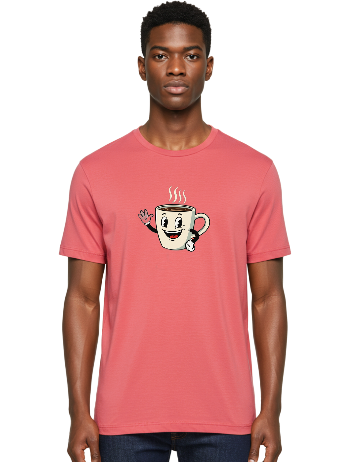 Coffee-Mug Men'S Graphic Tee, 100% Cotton, Comfortable Casual Summer Wear, Machine Washable, Cartoon Coffee Mug, Steaming Hot Coffee, Happy Face, Waving Hand, Smiling, Cheerful, Friendly, Coffee Break, Morning Pick-Me-Up Baa379