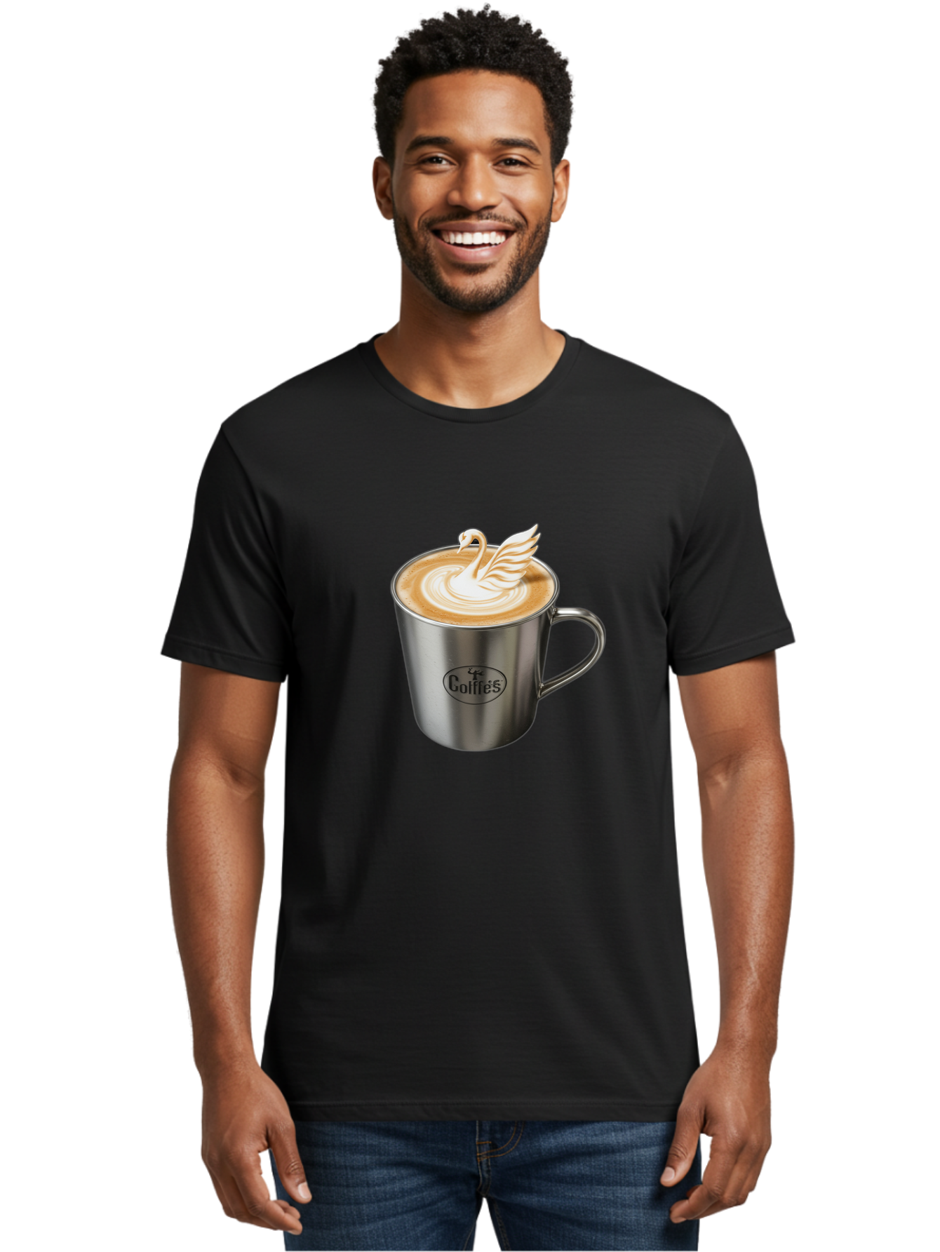 Coffies Men'S Graphic Tee, 100% Cotton, Comfortable Casual Summer Wear, Machine Washable, Coffee, Latte Art, Swan Design, Foamy Texture, Cappuccino, Beverage, Coffee Mug, Stainless Steel Mug, Coffies Branding, Coffee Culture Baa382