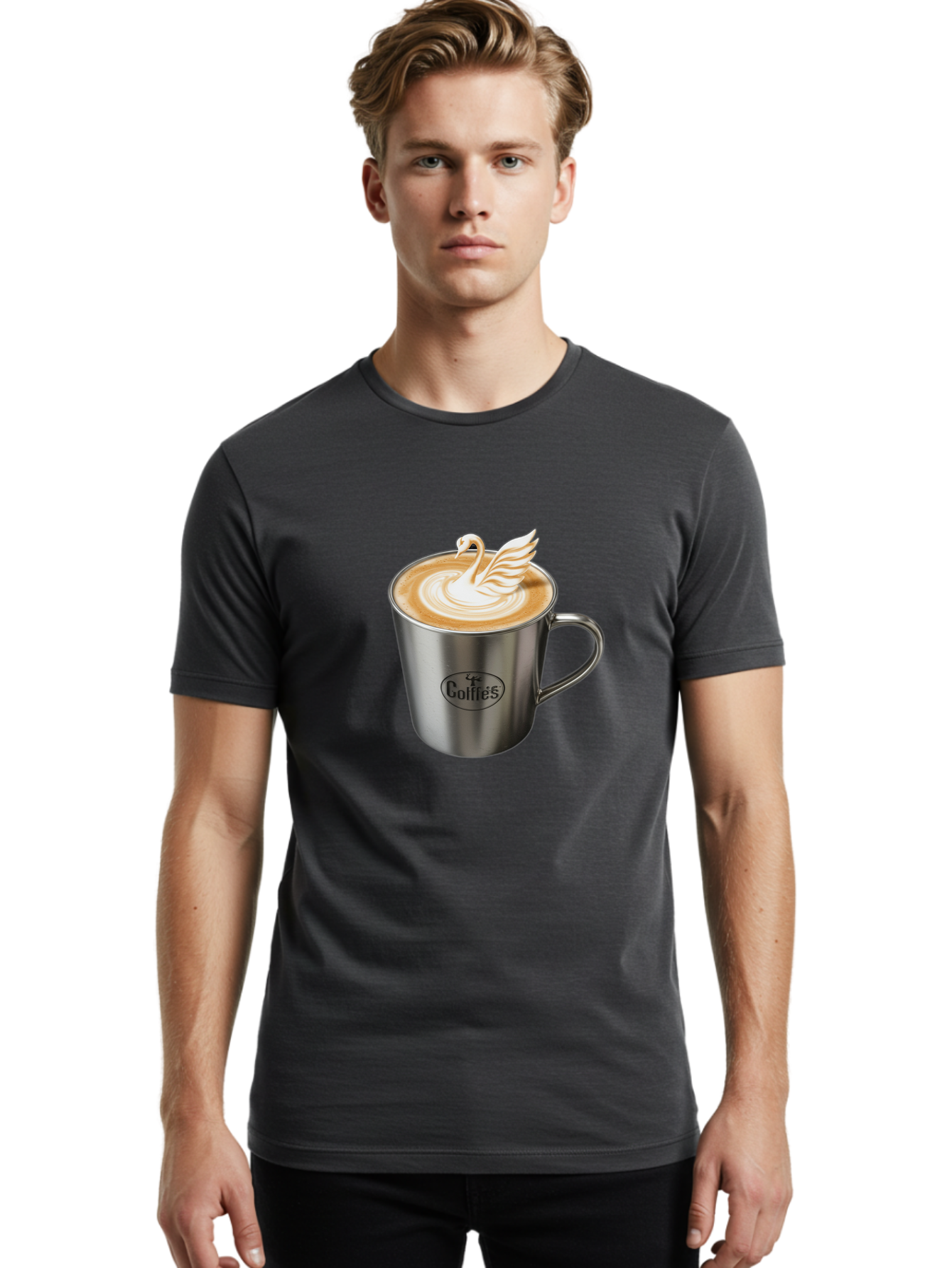 Coffies Men'S Graphic Tee, 100% Cotton, Comfortable Casual Summer Wear, Machine Washable, Coffee, Latte Art, Swan Design, Foamy Texture, Cappuccino, Beverage, Coffee Mug, Stainless Steel Mug, Coffies Branding, Coffee Culture Baa382