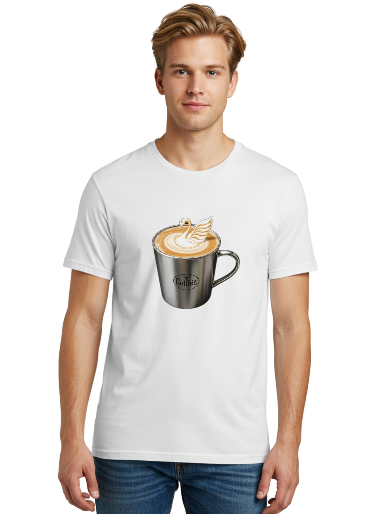 Coffies Men'S Graphic Tee, 100% Cotton, Comfortable Casual Summer Wear, Machine Washable, Coffee, Latte Art, Swan Design, Foamy Texture, Cappuccino, Beverage, Coffee Mug, Stainless Steel Mug, Coffies Branding, Coffee Culture Baa382