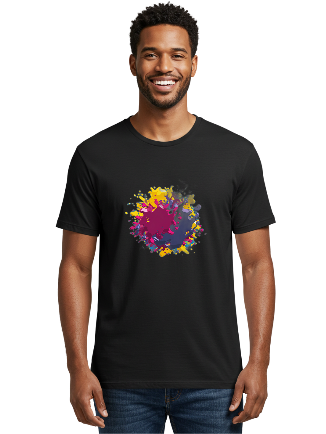 Color-Splash Men'S Graphic Tee, 100% Cotton, Comfortable Casual Summer Wear, Machine Washable, Colorful Paint Splatter, Vibrant Colors, Abstract Art, Dynamic Shapes, Creative Design, Artistic Expression, Splattered Paint, Mixed Media Art Baa384